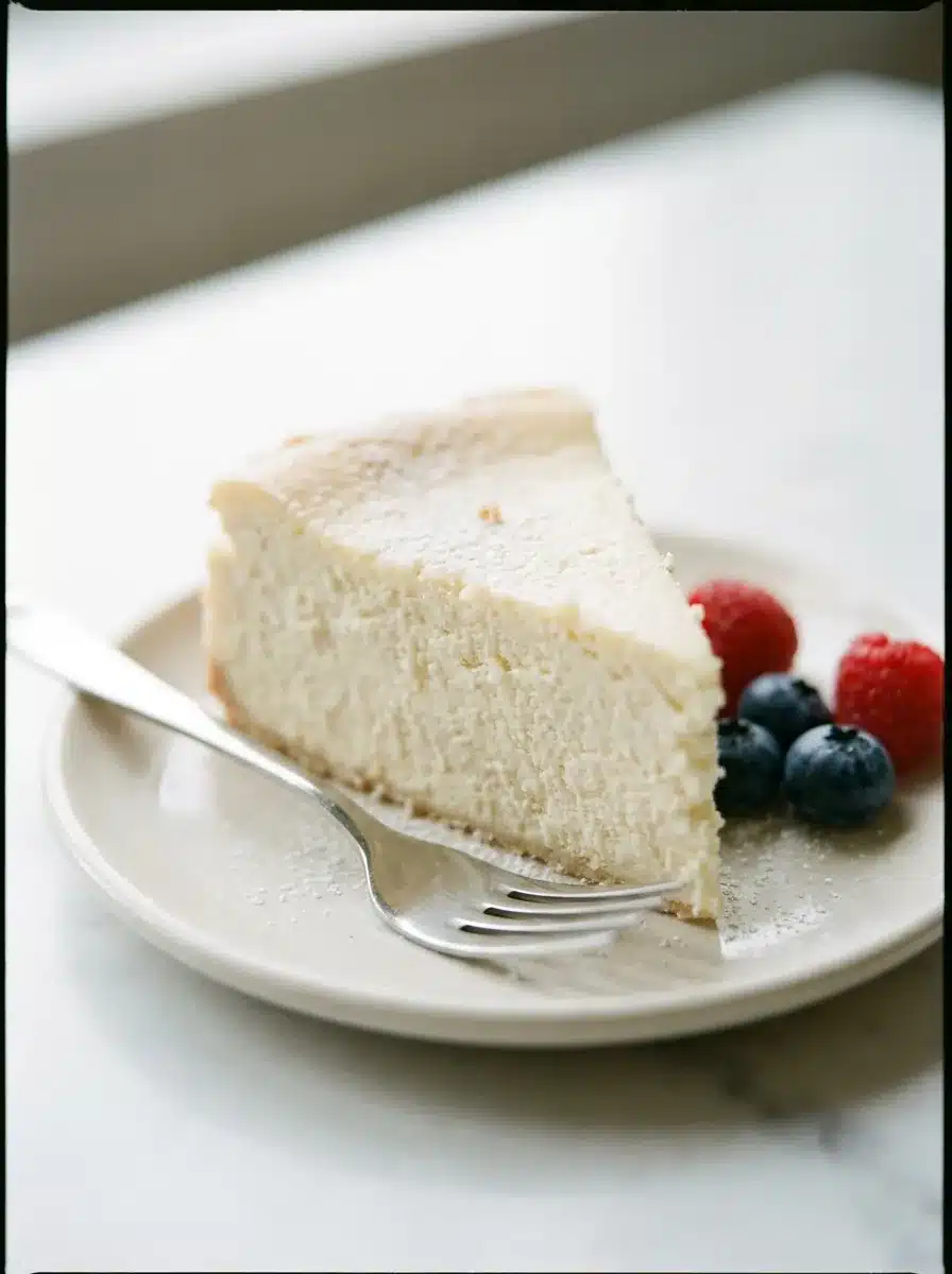 A slice of Japanese yogurt cheesecake showing its light airy crumb