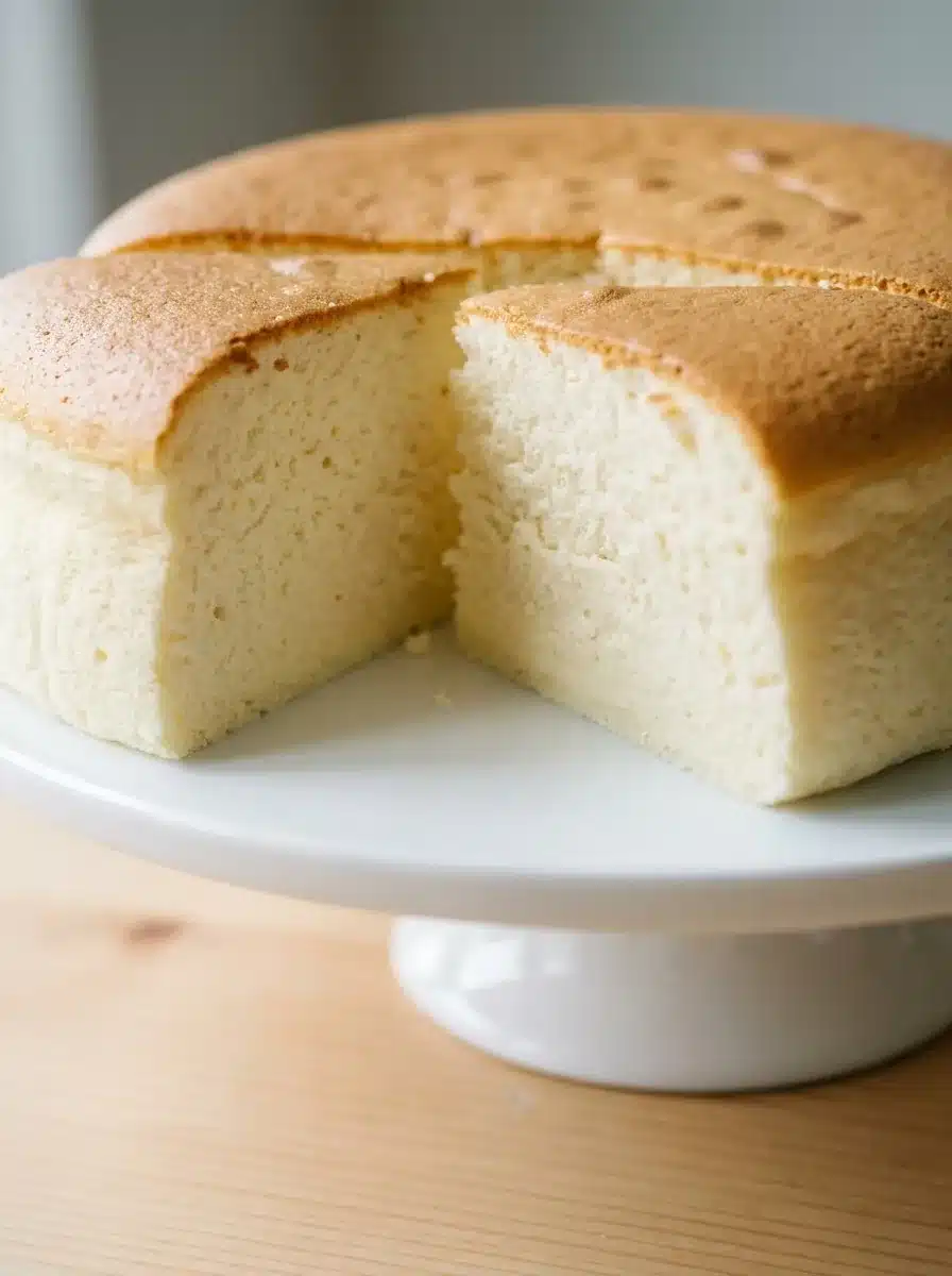 A tall pale Japanese yogurt cheesecake dusted with icing sugar on a white plate
