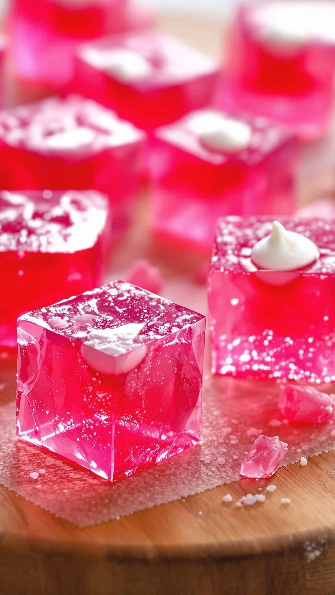 Close-up of jiggly rouge-rose jello cubes for the viral jello hack weight loss recipe.