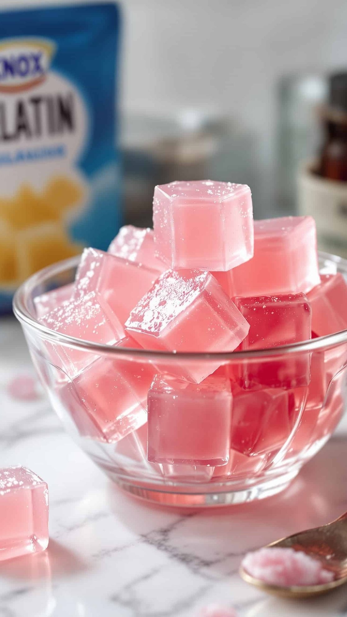 Close-up of rose-transparent Knox gelatin weight loss recipe cubes.