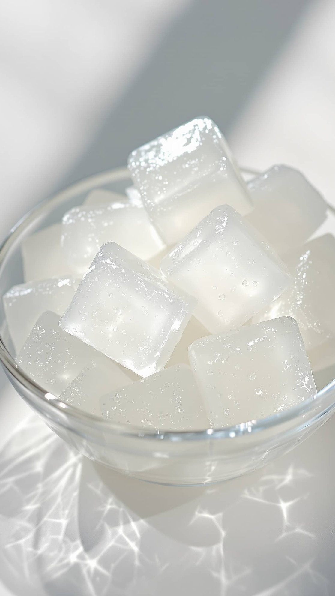 Close-up of jiggly transparent-blanc Korean agar agar cubes for weight loss.