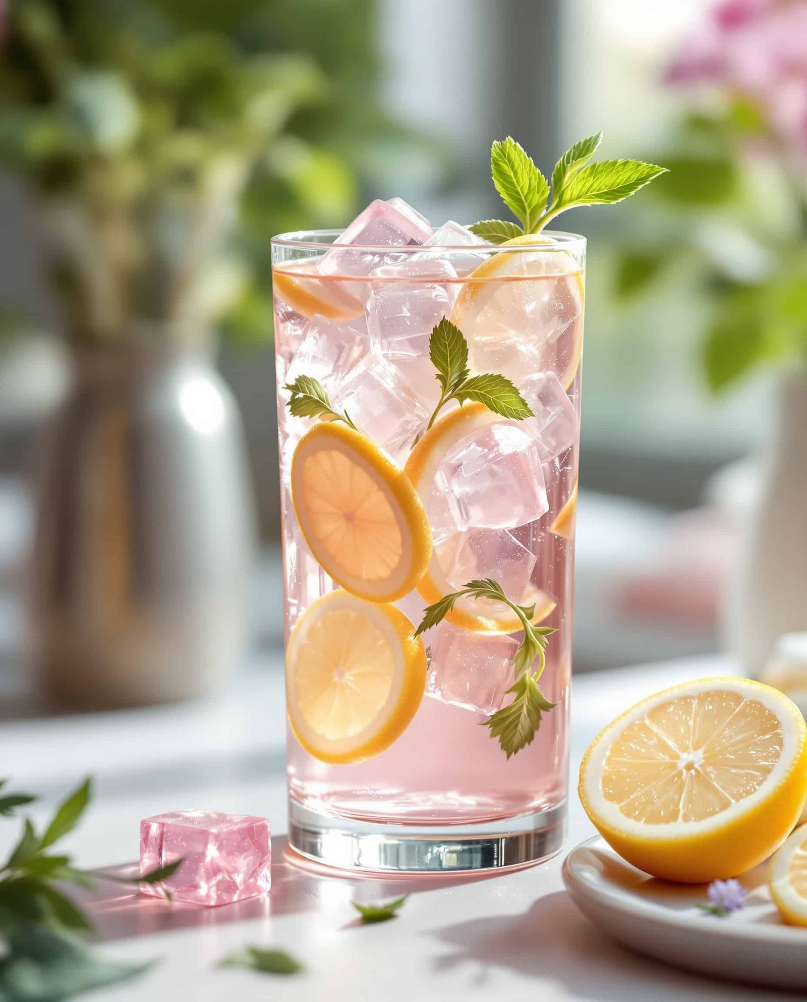 Close-up of rose-transparent jelly cubes and lemon in a glass - Korean weight loss drink.