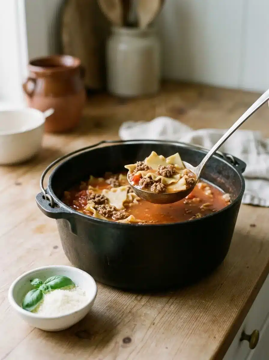 A cast iron pot of lasagna soup with a ladle lifting noodles and beef out of the red broth