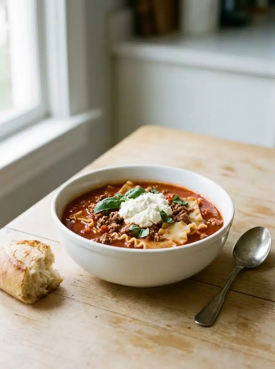 A white bowl of lasagna soup with broken noodles, ground beef, ricotta and fresh basil, with bread beside it