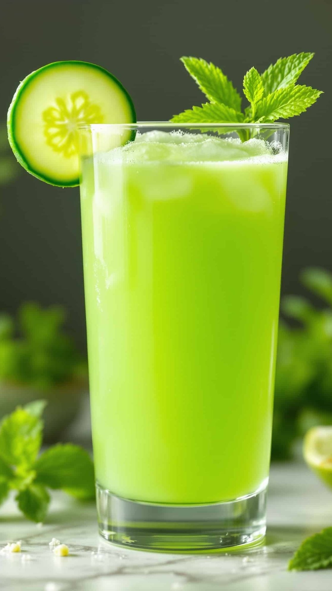 Close-up of refreshing light green lymphatic drainage juice with cucumber and herbs.