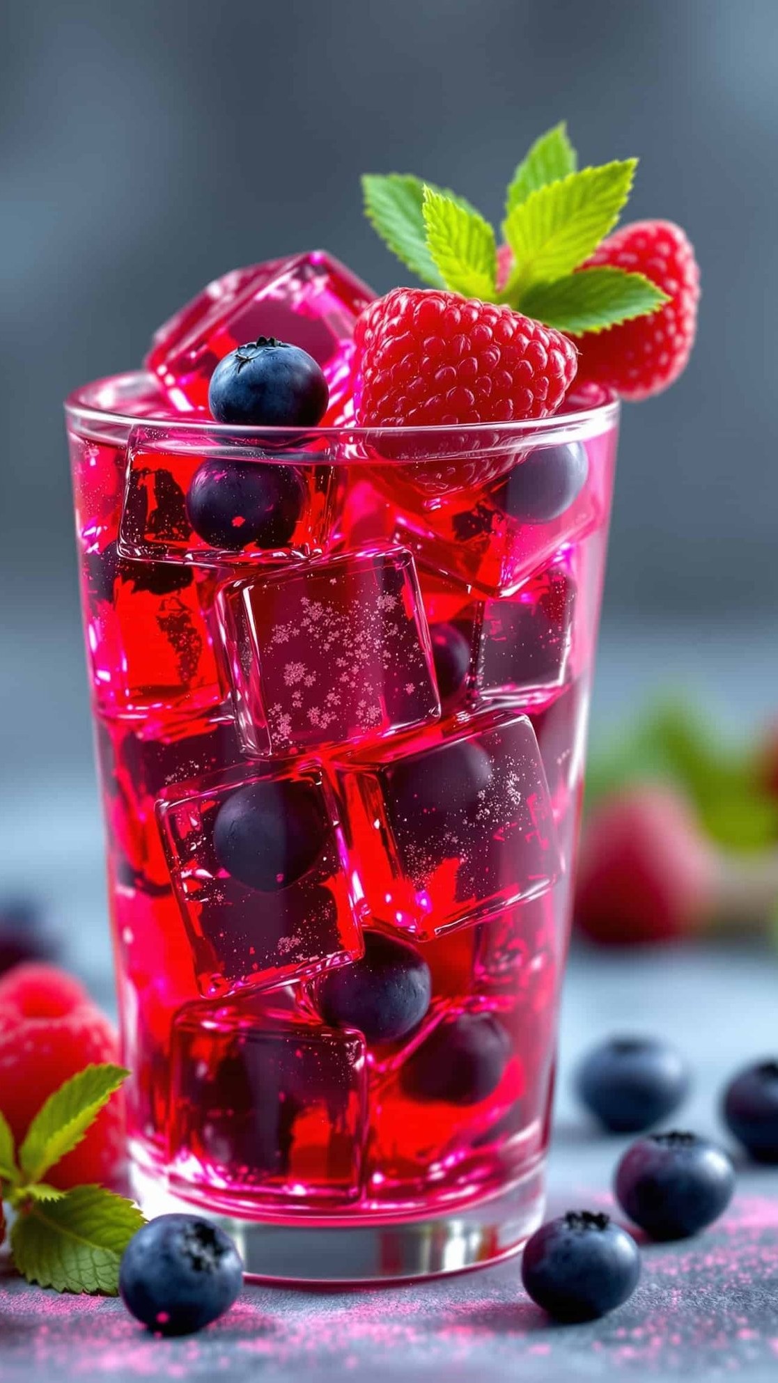 Close-up of red natural tirzepatide recipe gelatin cubes, berries, mint