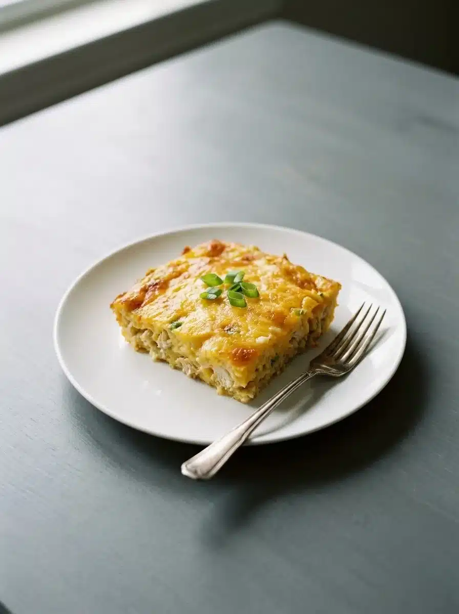 A portion of cheesy chicken and bacon casserole lifted from the baking dish onto a plate