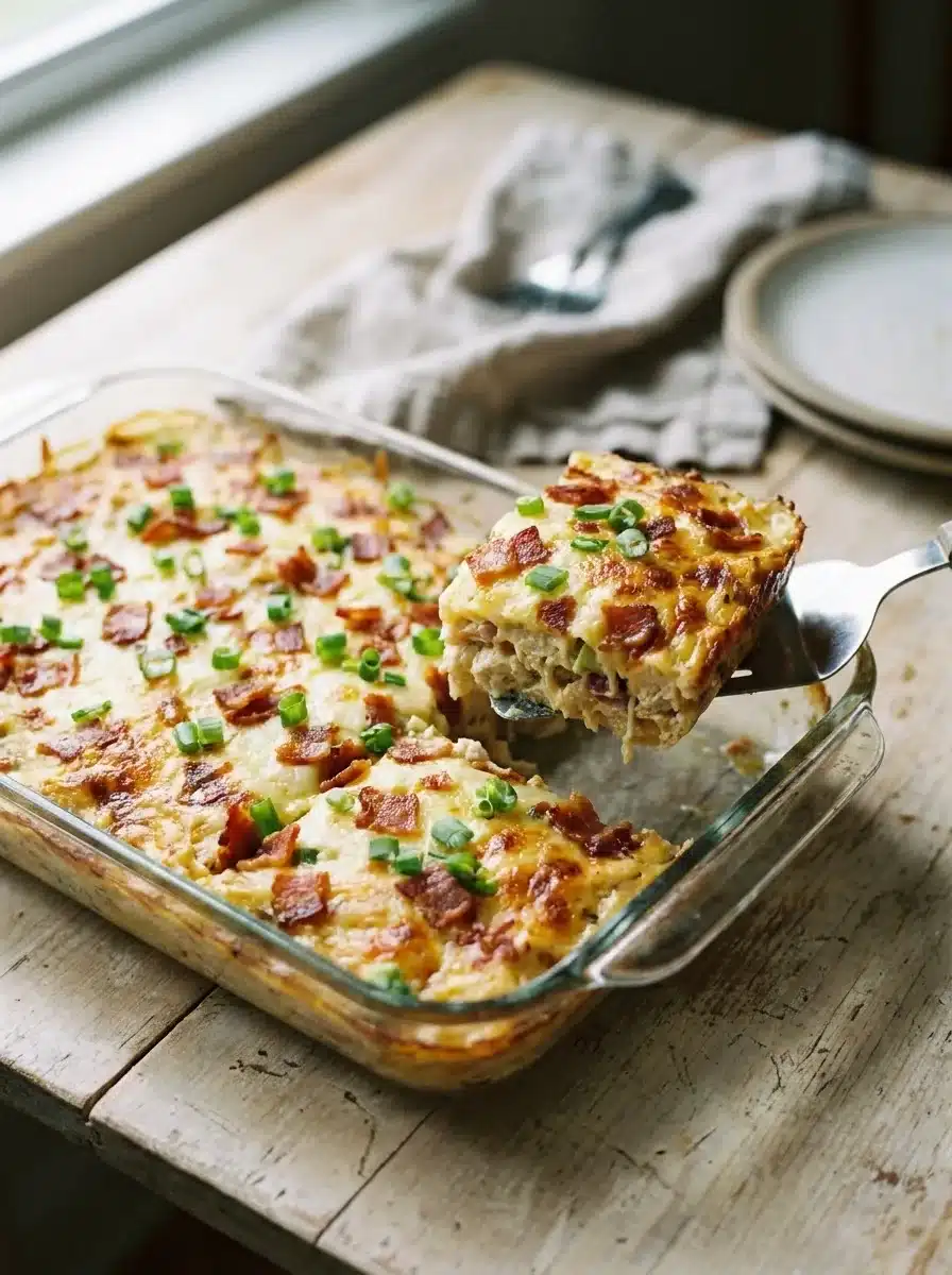 Neiman Marcus chicken casserole in a white baking dish topped with melted cheese, bacon and sliced spring onions