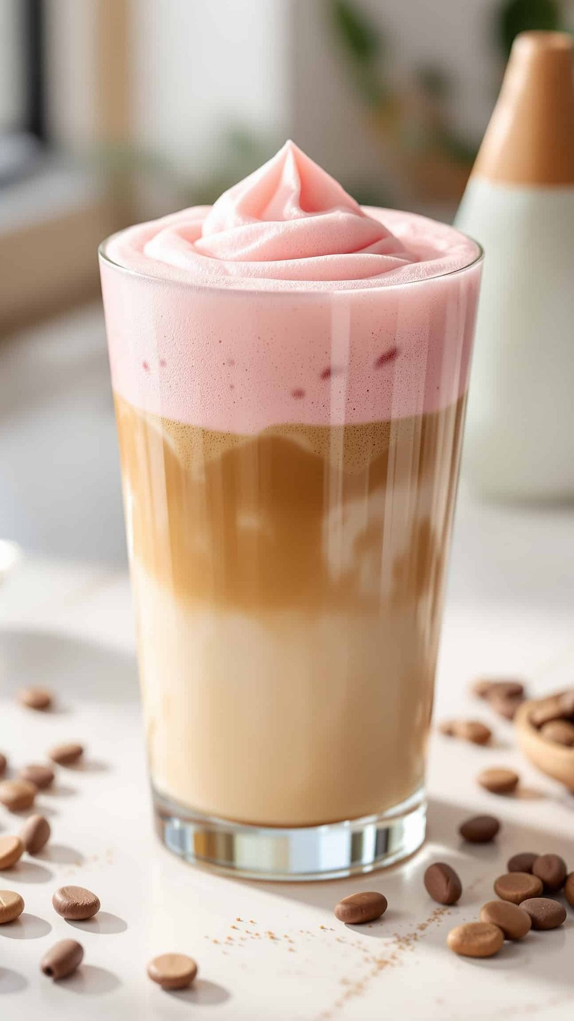 Close-up of fluffy pink cold foam on iced coffee.