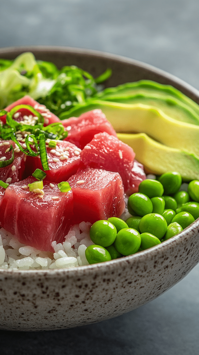 Close-up of tuna and avocado in poke bowl