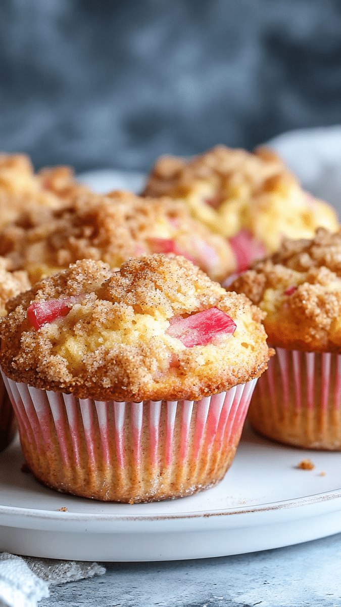 Close-up of a rhubarb muffin showing the texture