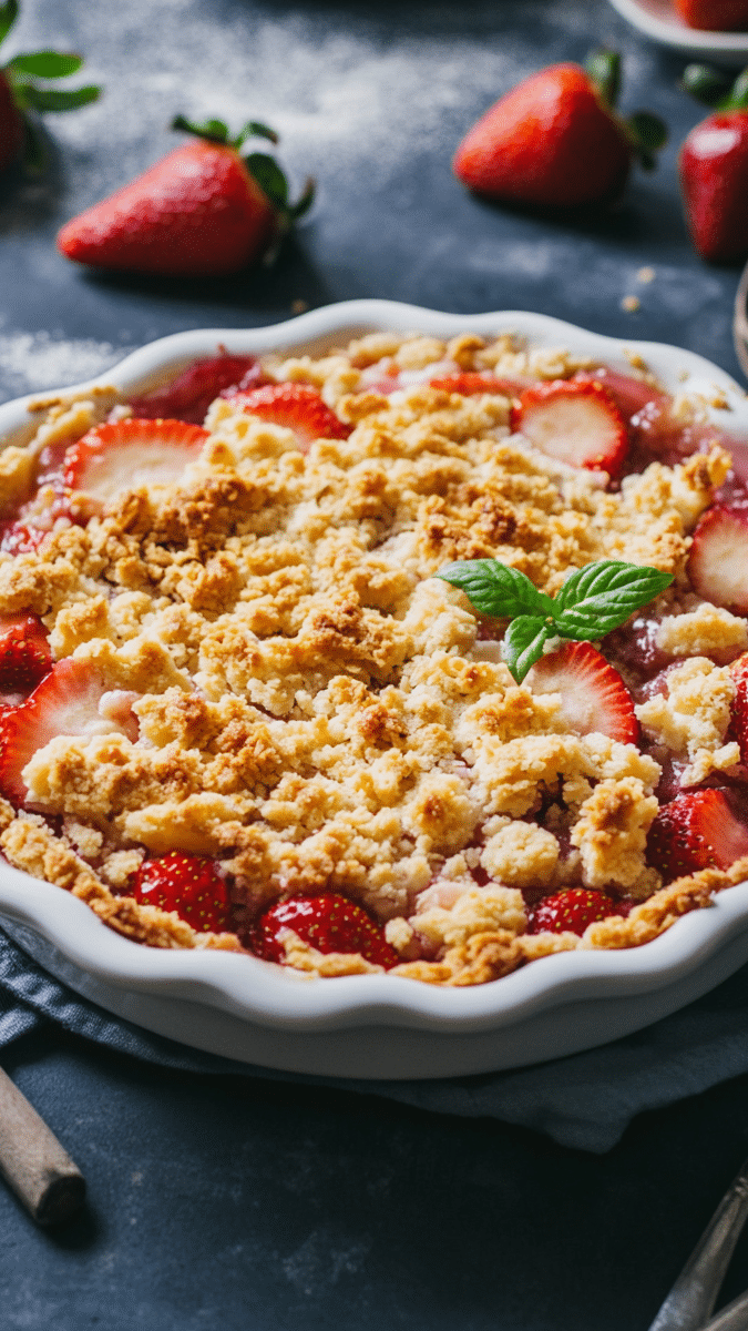 Close up of strawberry rhubarb crumble
