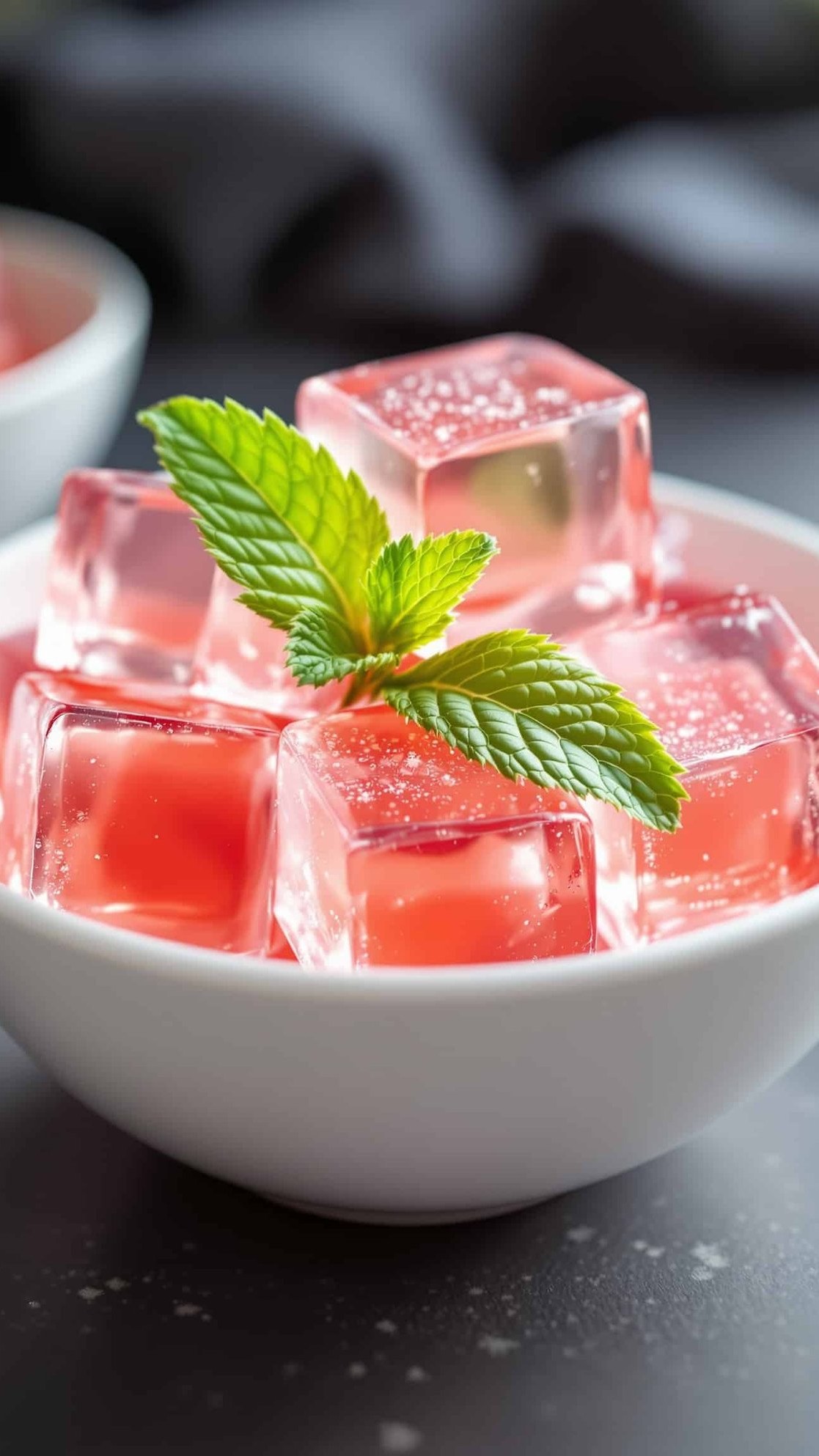 Close-up of rose-transparent sugar free jello cubes, healthy weight loss snack.
