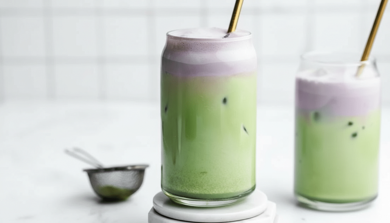 iced lavender matcha latte cooking frequently close-up