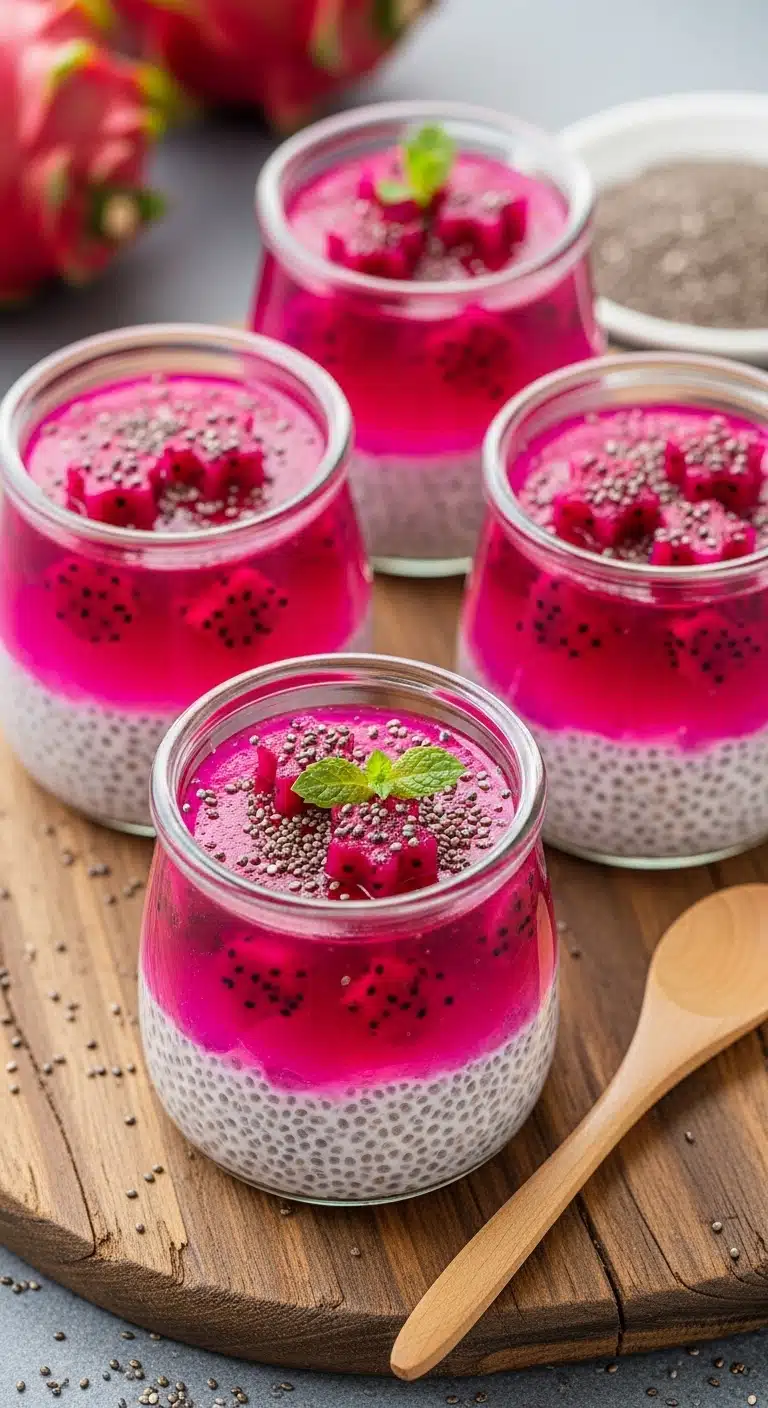 Pink Dragon Fruit Chia Gelatin Cups Cooking Close-Up pink dragon fruit chia gelatin cups cooking ingredients close-up