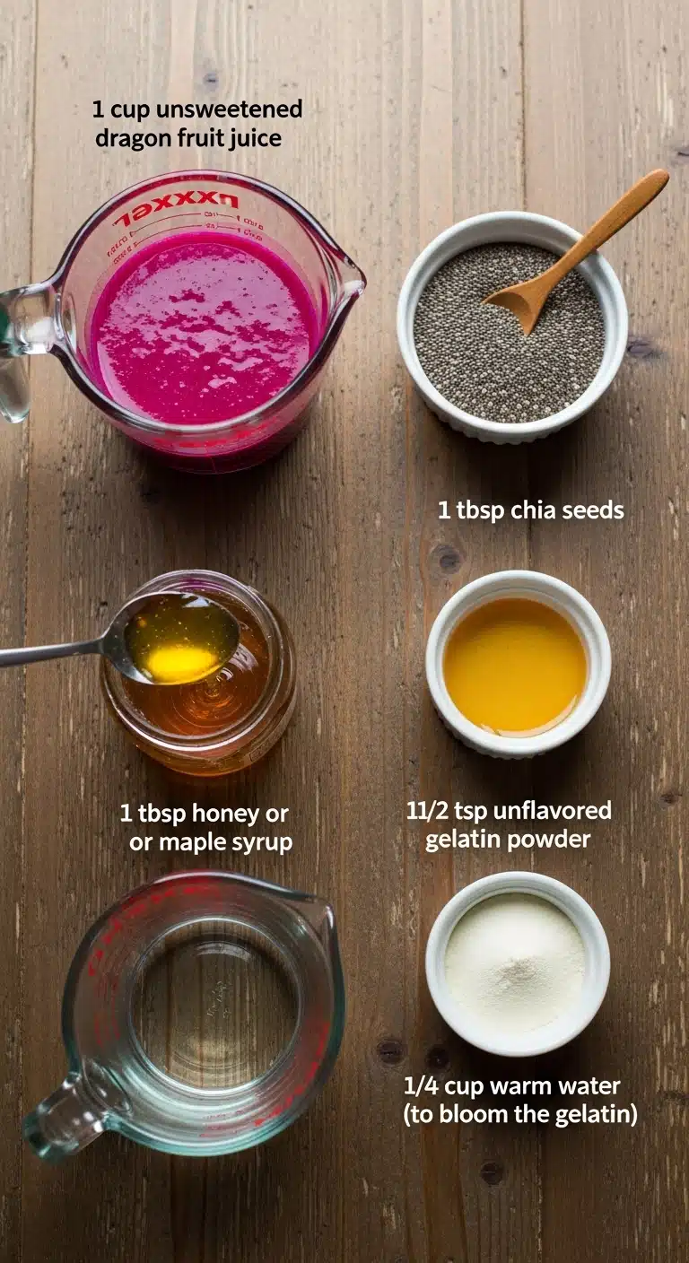 Ingredients of Pink Dragon Fruit Chia Gelatin Cups pink dragon fruit chia gelatin cups ingredients introduction detailed
