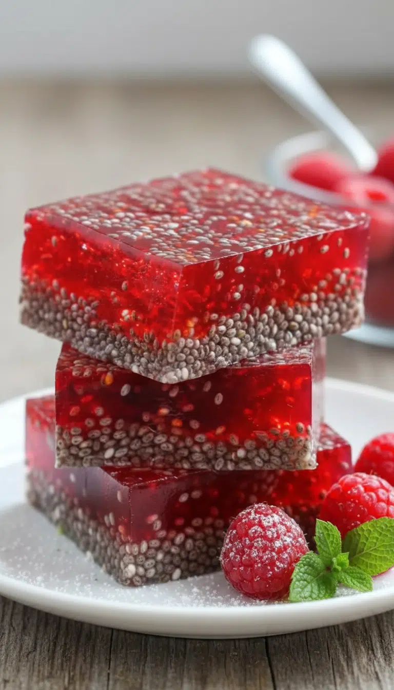 raspberry chia seed jello squares featured image