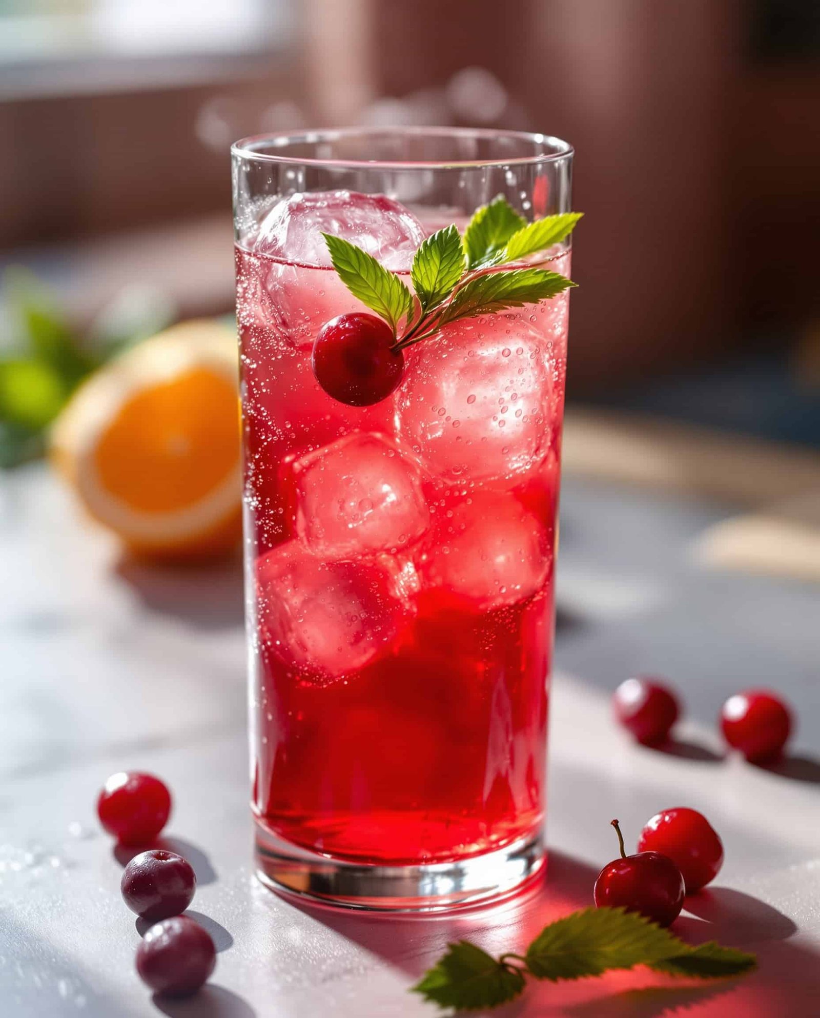Close-up of rouge-ambre ACV Cranberry Drink with ice