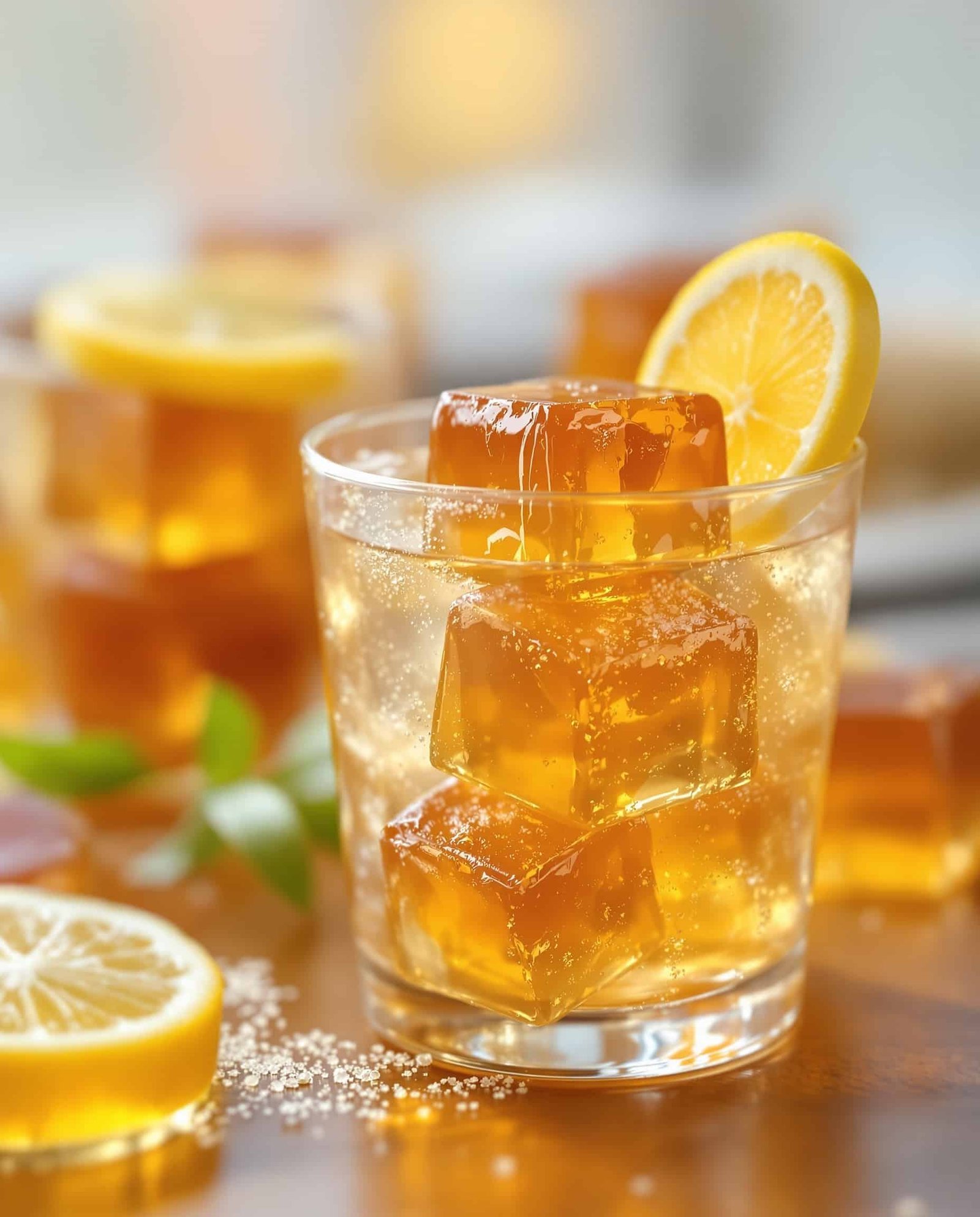 Close-up of ambre-dore ACV gelatin trick cubes with lemon.