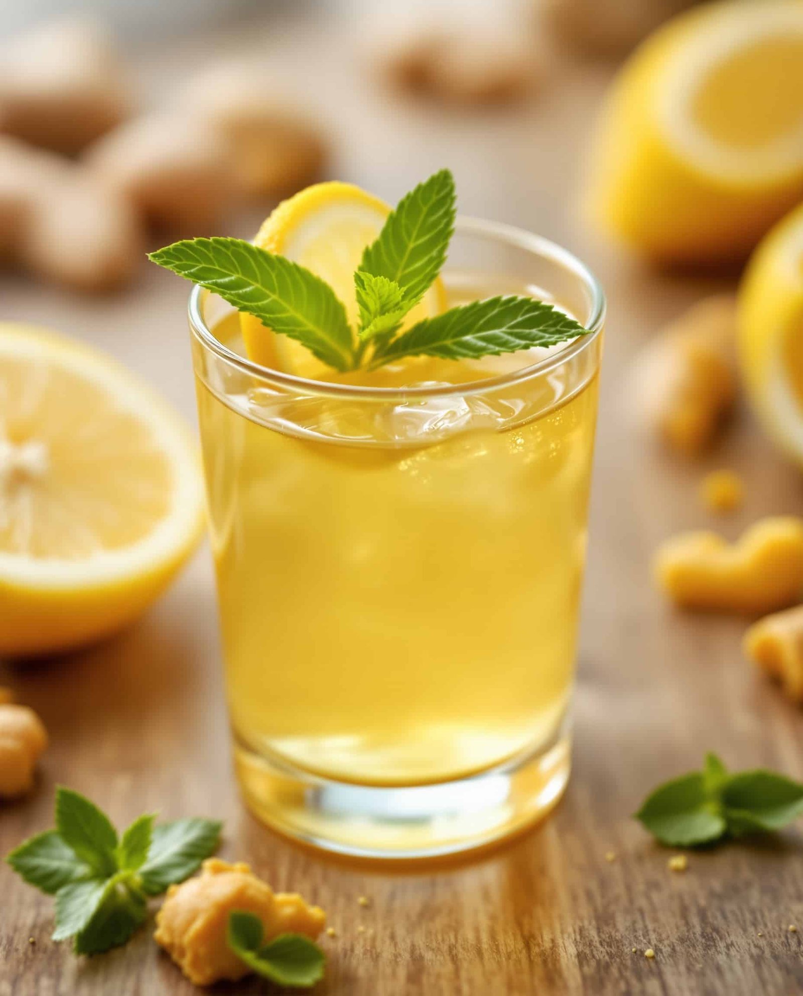 Close-up of a sparkling ACV ginger morning shot with ginger sediment.
