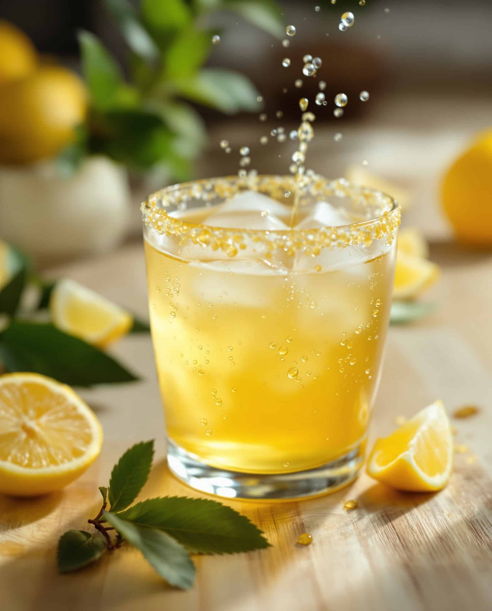 Close-up of jaune-ambre ACV lemon honey drink in a glass.