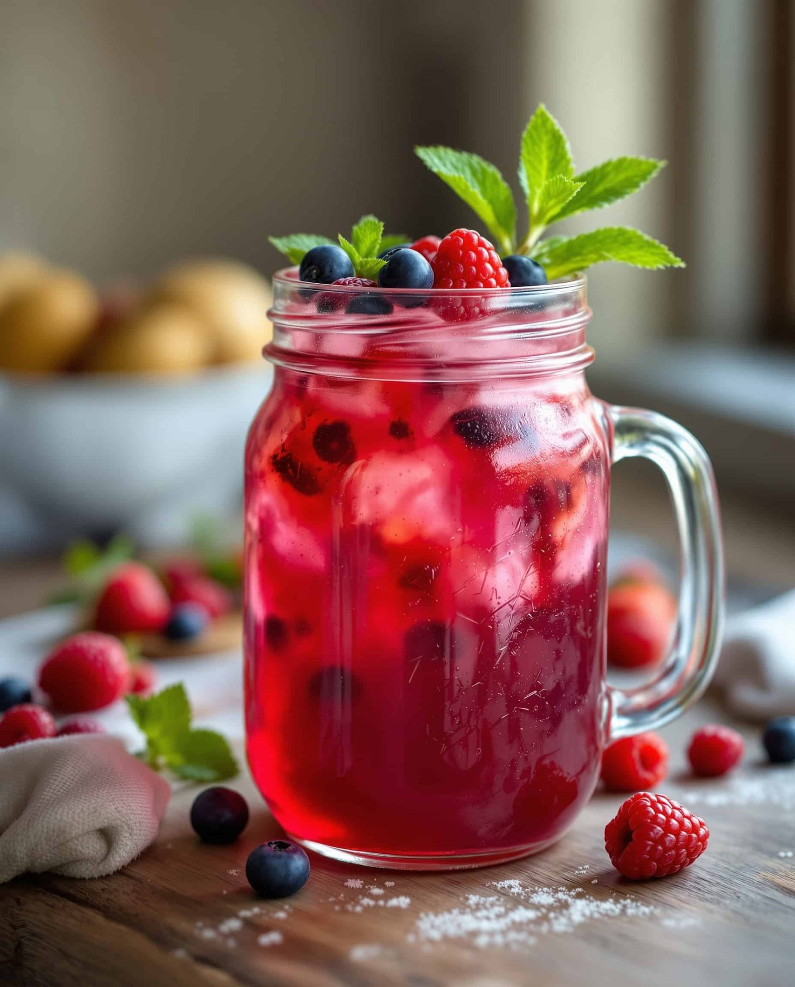 Close-up of rouge-ambre ACV shrub with berry garnish.
