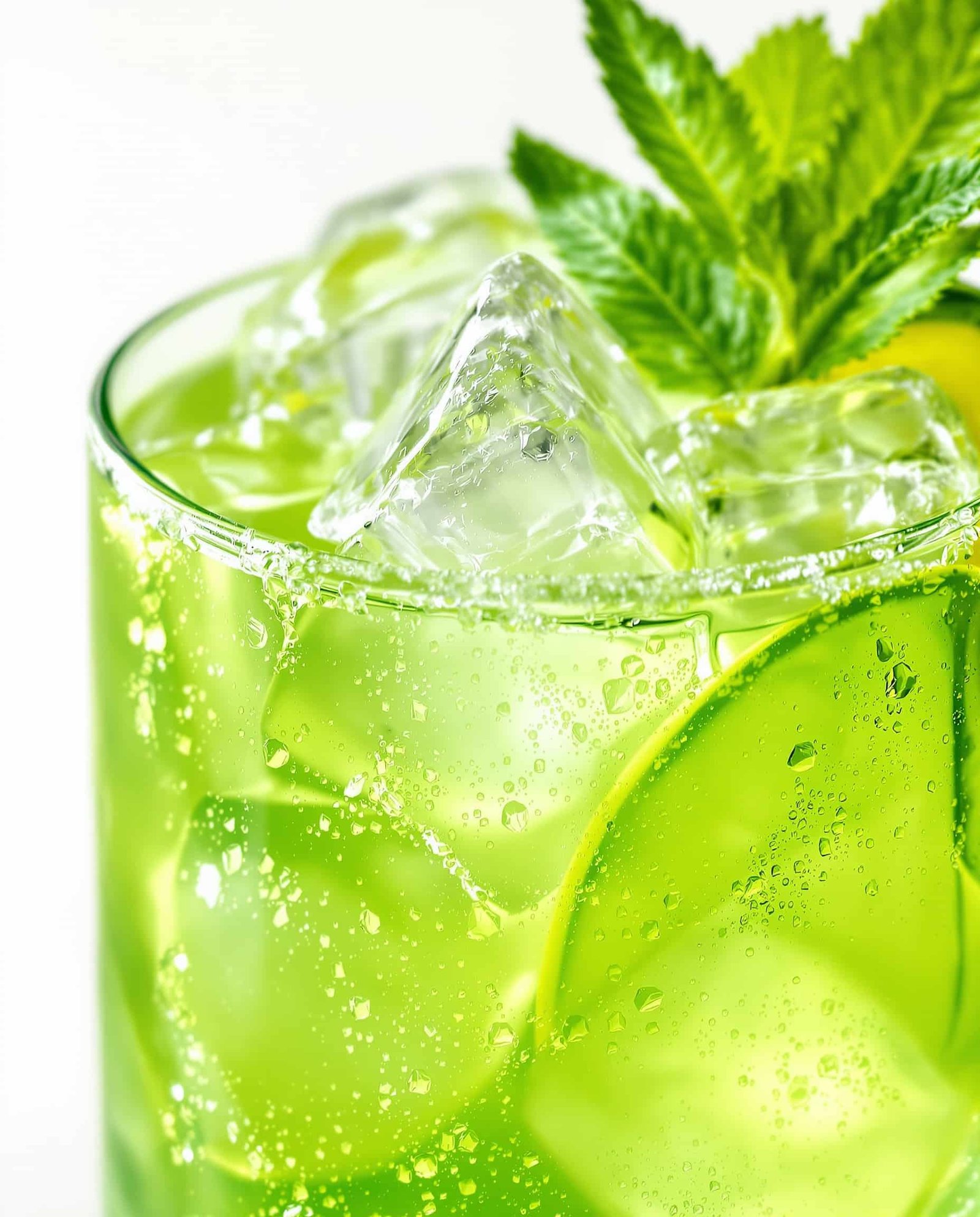 Close-up of a vibrant green adrenal cocktail for weight loss, with ice.