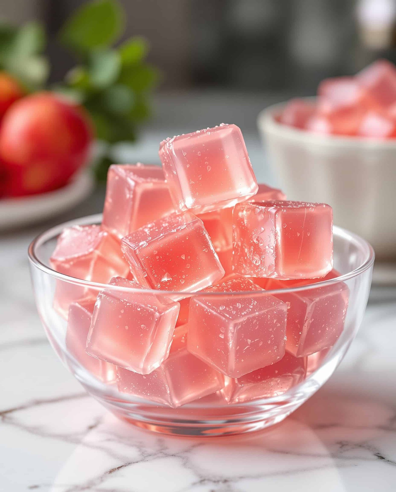 Close-up of rose transparent jiggly apple cider vinegar gelatin cubes.