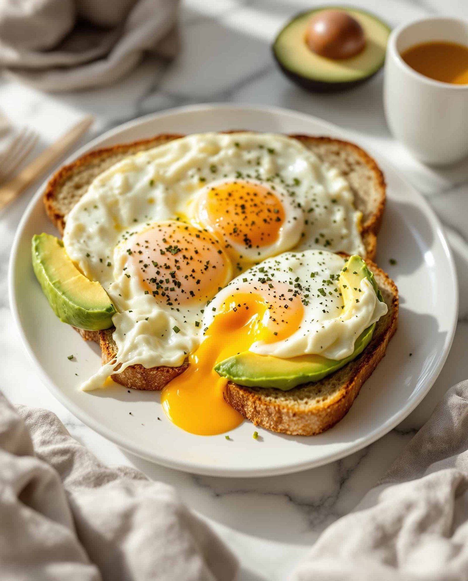 Close-up of beige-doré eggs, avocado, and whole-grain toast, highlighting the texture of a blood sugar balancing breakfast.