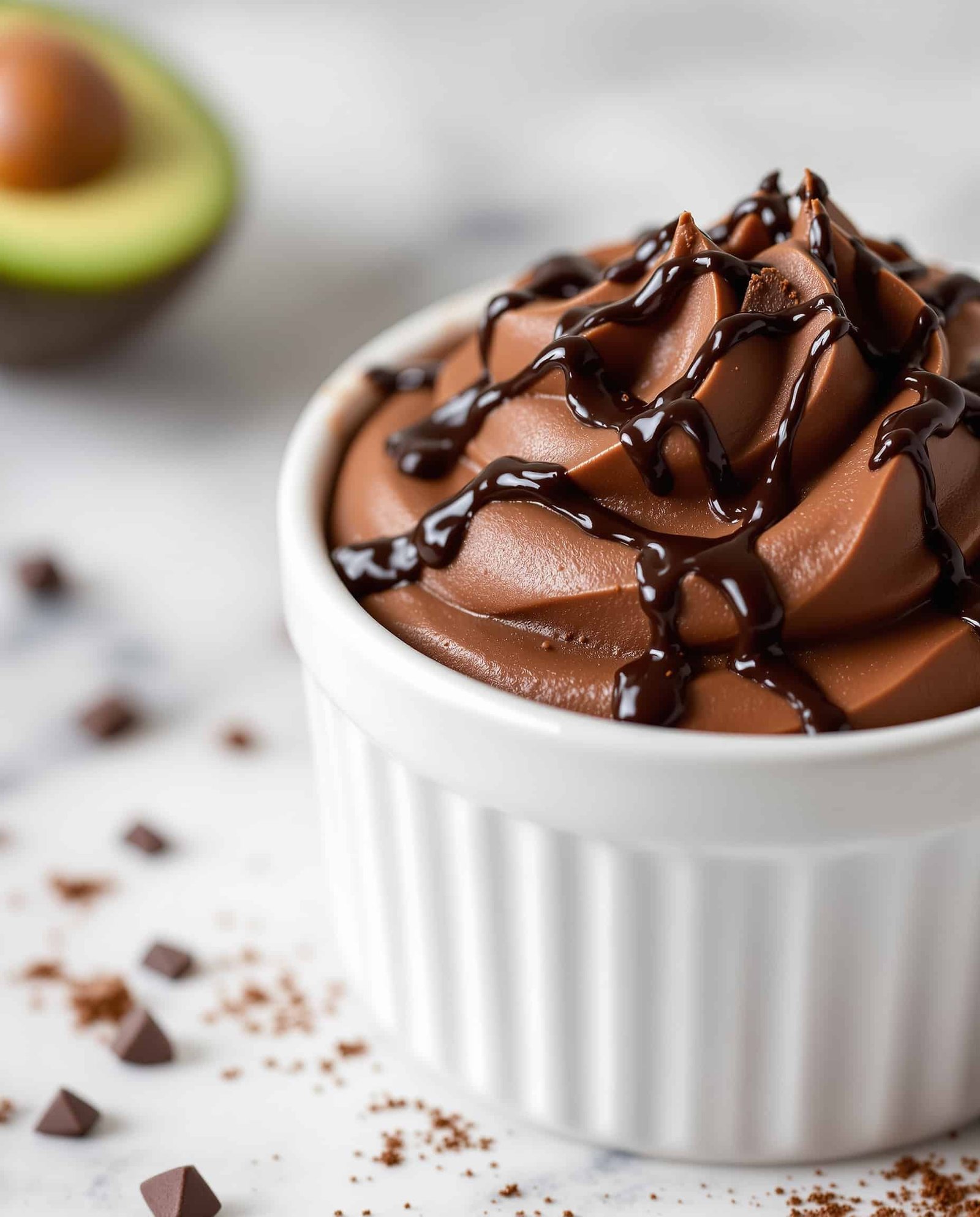 Close-up of brun dark chocolate avocado mousse, a blood sugar friendly dessert.