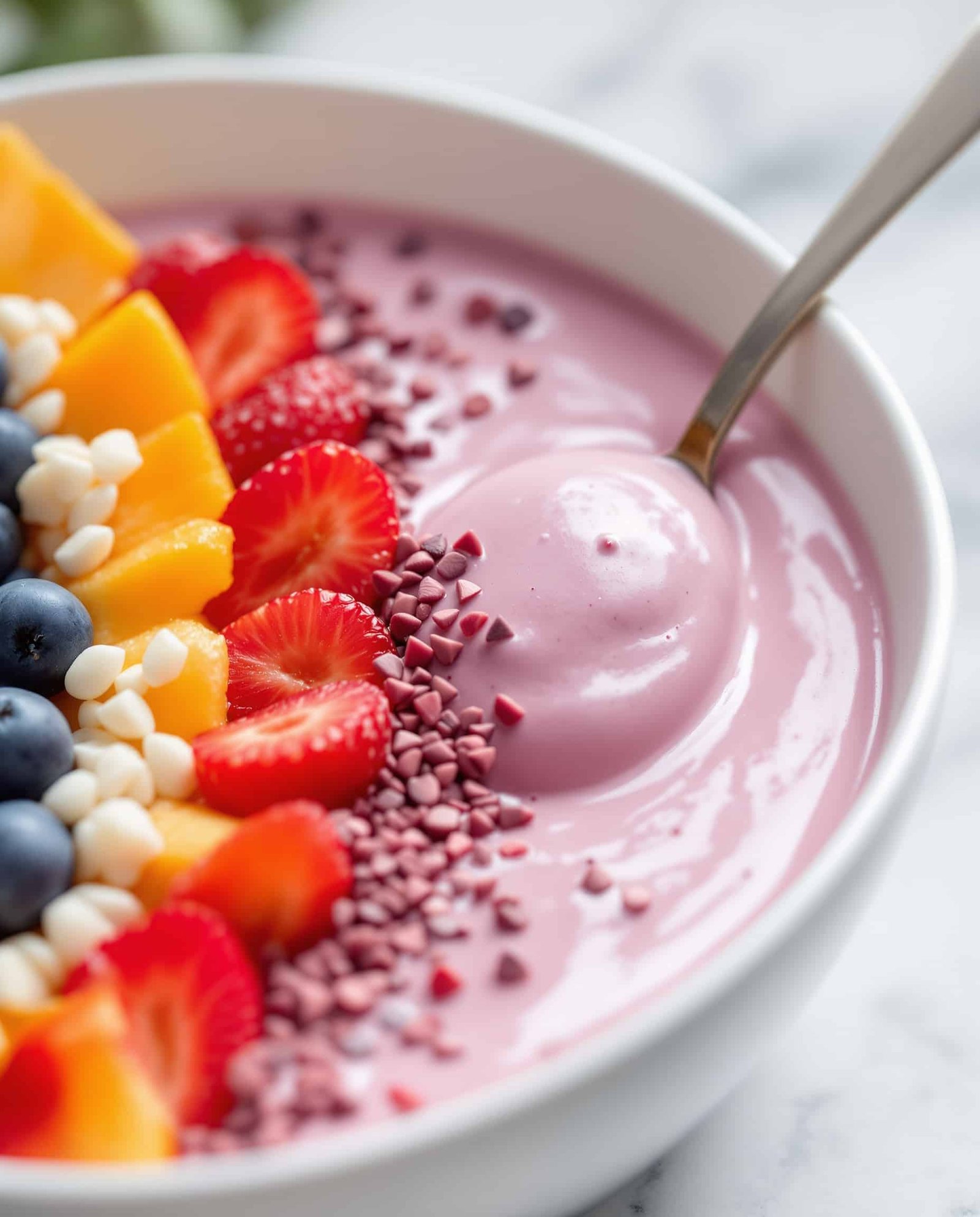 Close-up of rose-blanc collagen smoothie bowl, tropical fruit
