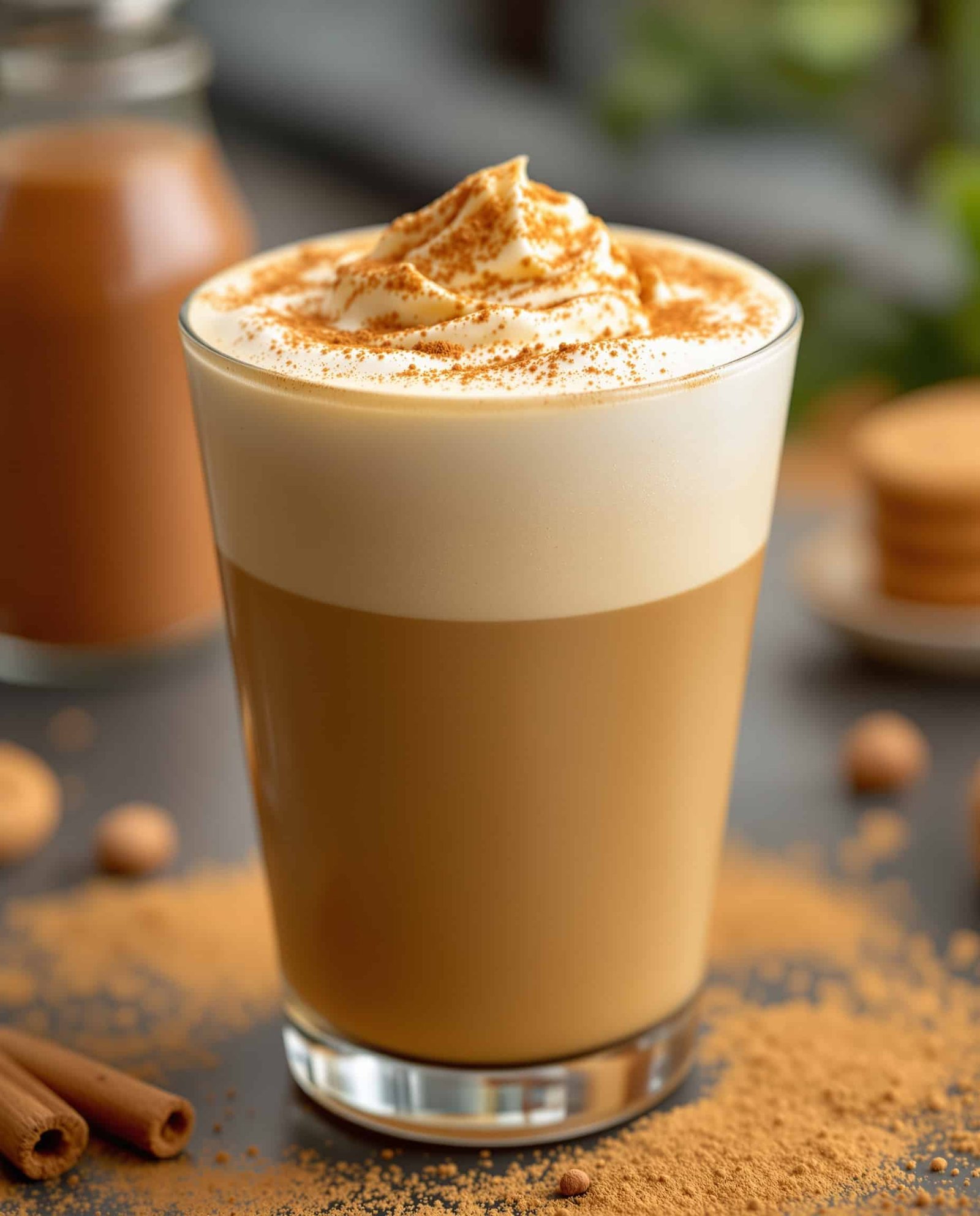 Close-up of caramel-beige cookie butter cold foam with cinnamon dust.