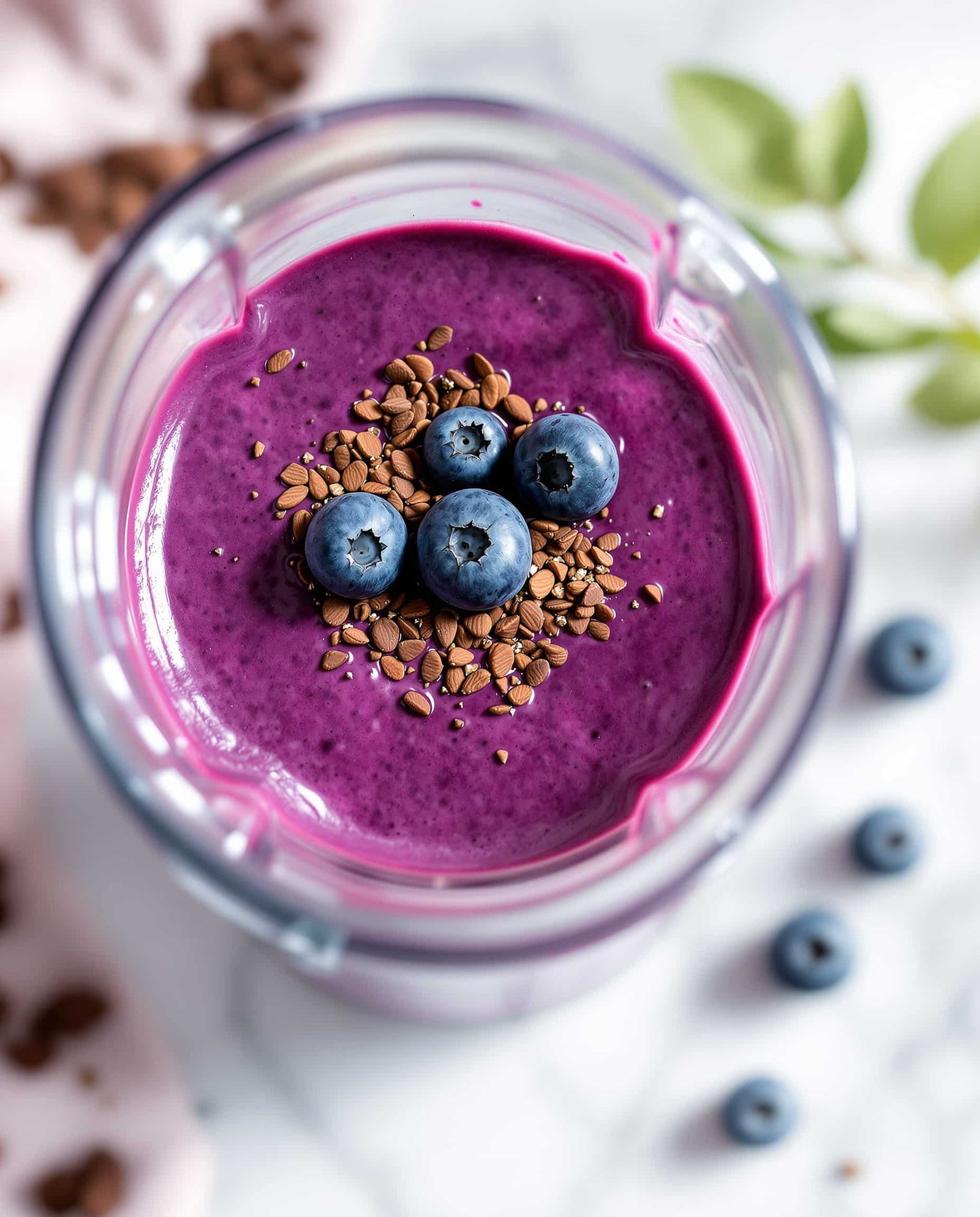 Close-up of violet cortisol-lowering smoothie in a blender cup.