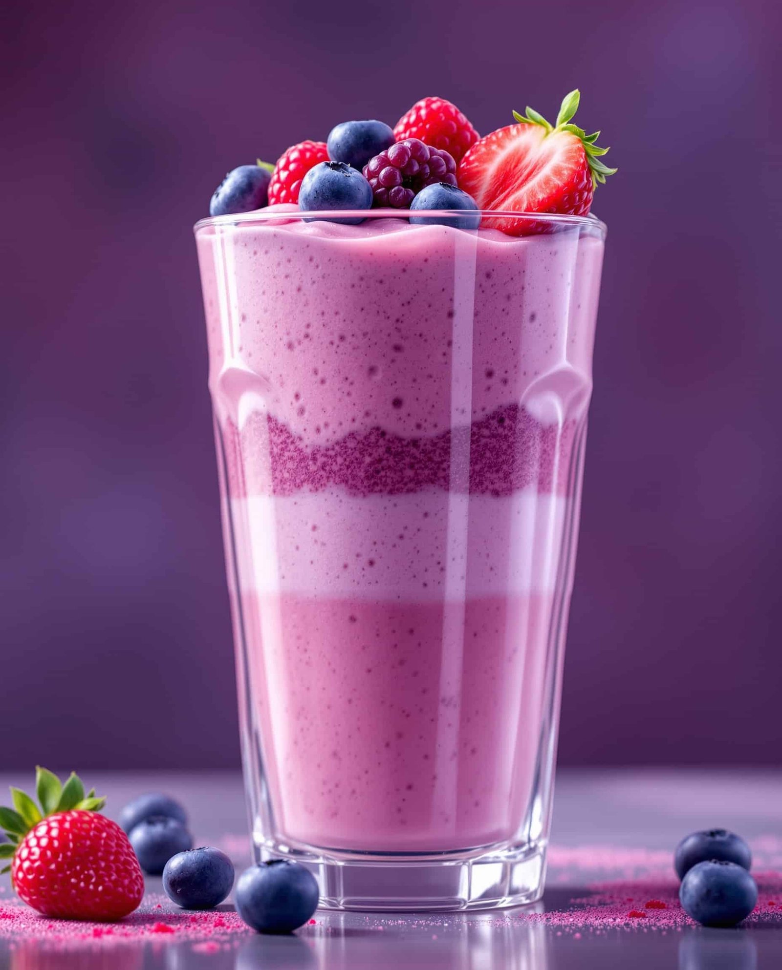 Close-up of violet-rose cortisol smoothie with berry garnish
