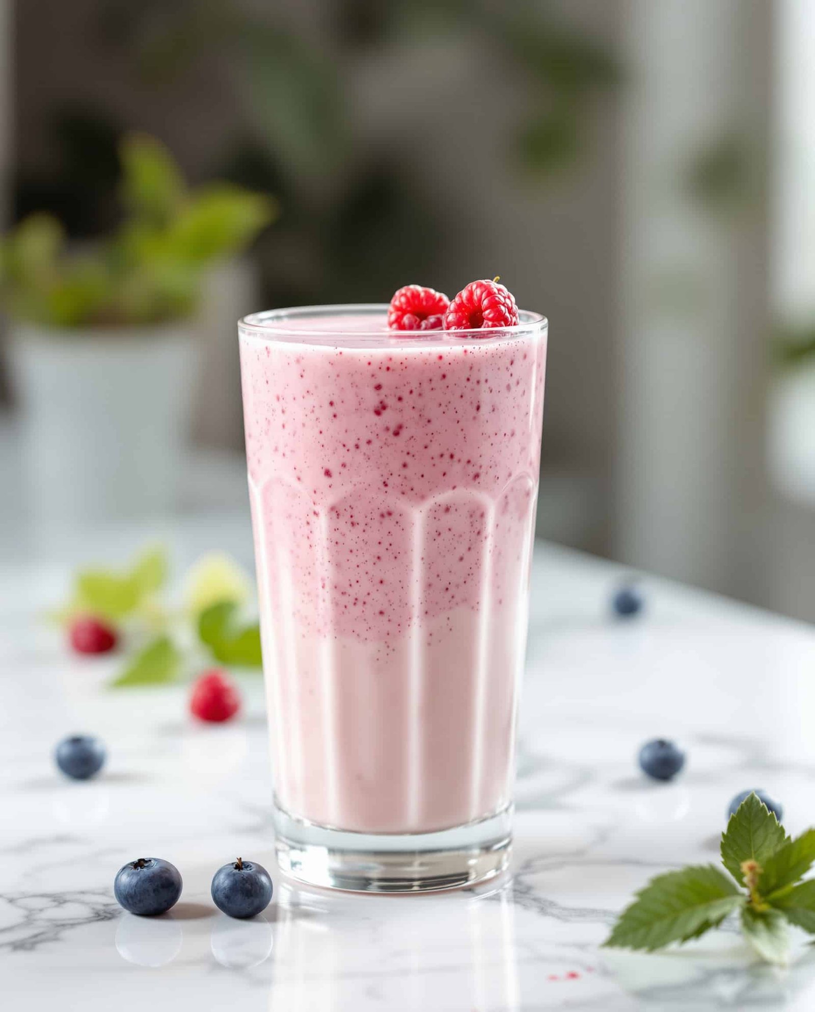 Close-up of creamy blanc-rose creatine collagen smoothie with berry garnish.
