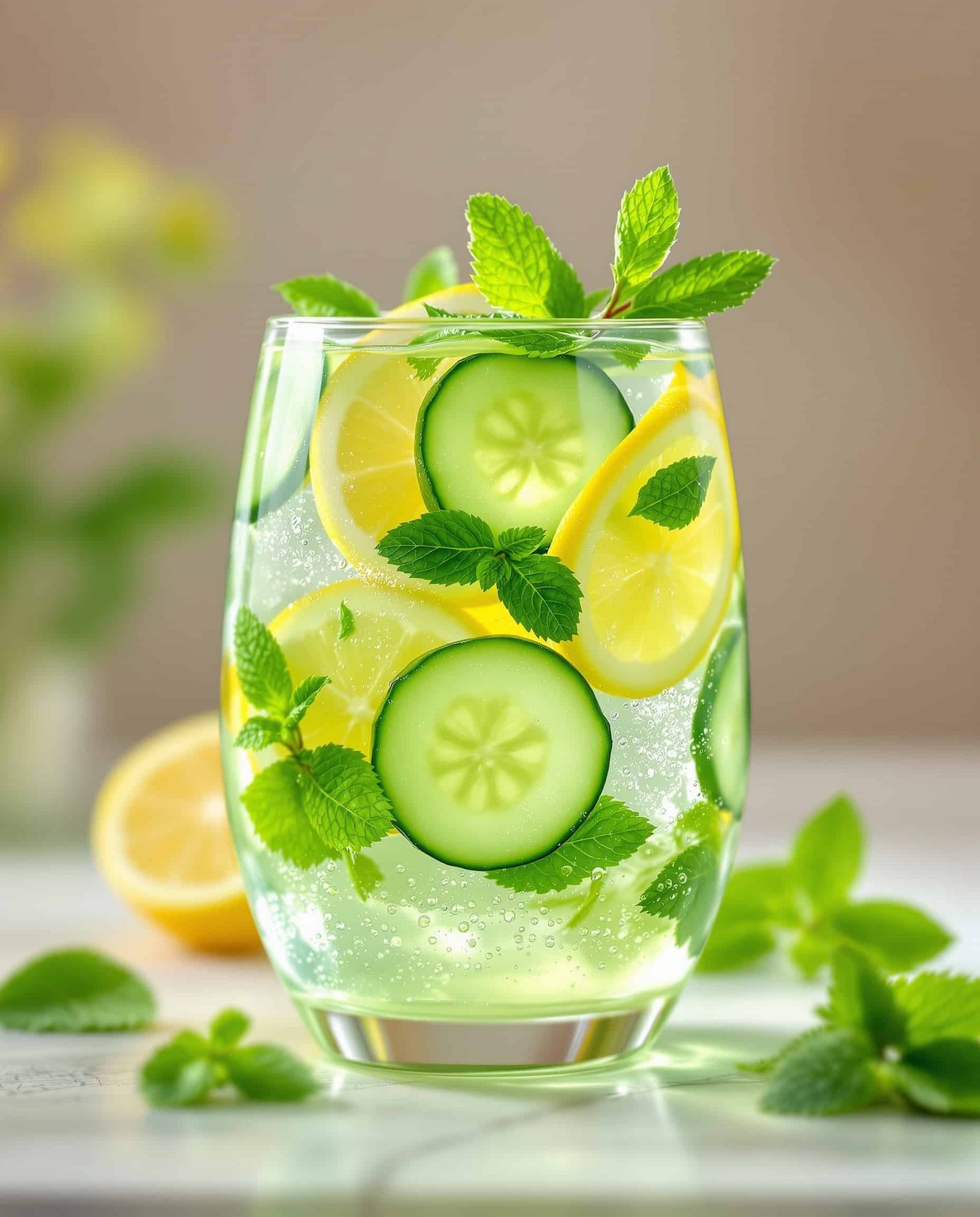 Close-up of vibrant green cucumber detox drink with lemon slices.