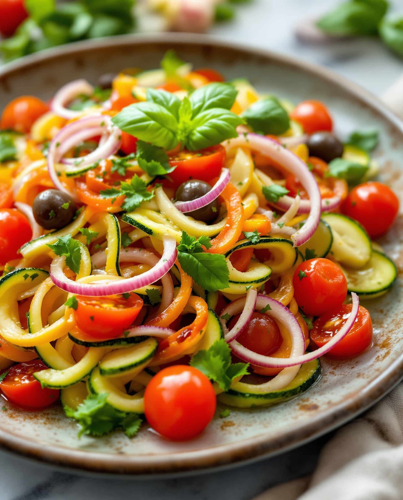 Close-up of fresh multicolore zucchini salad, featuring Dr Gundry Plant Paradox ingredients.