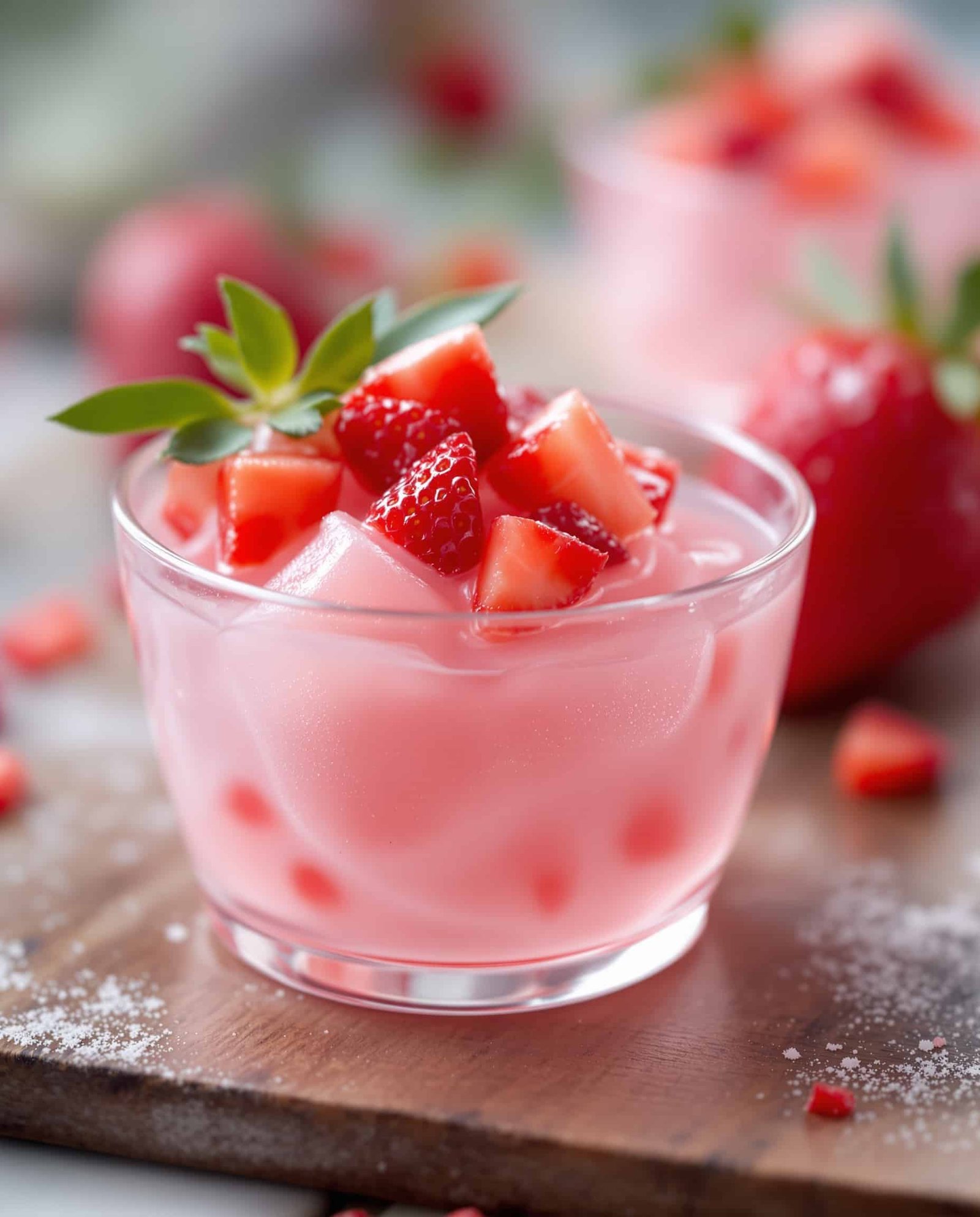 Close-up of creamy Dr Oz Pink Gelatin, topped with fresh strawberries.
