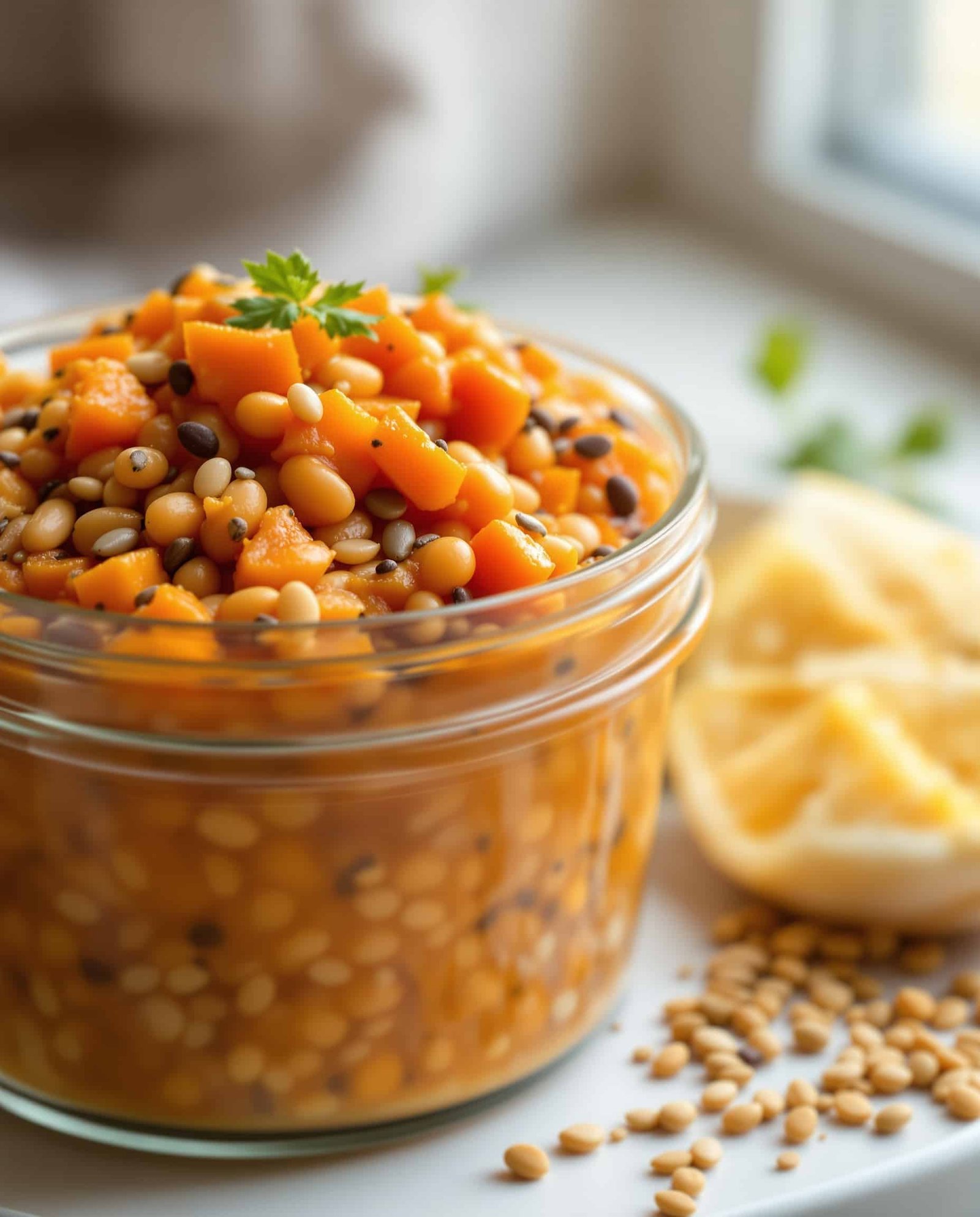 Close-up of vert-orange Fibermaxxing Meal Prep in a glass container.