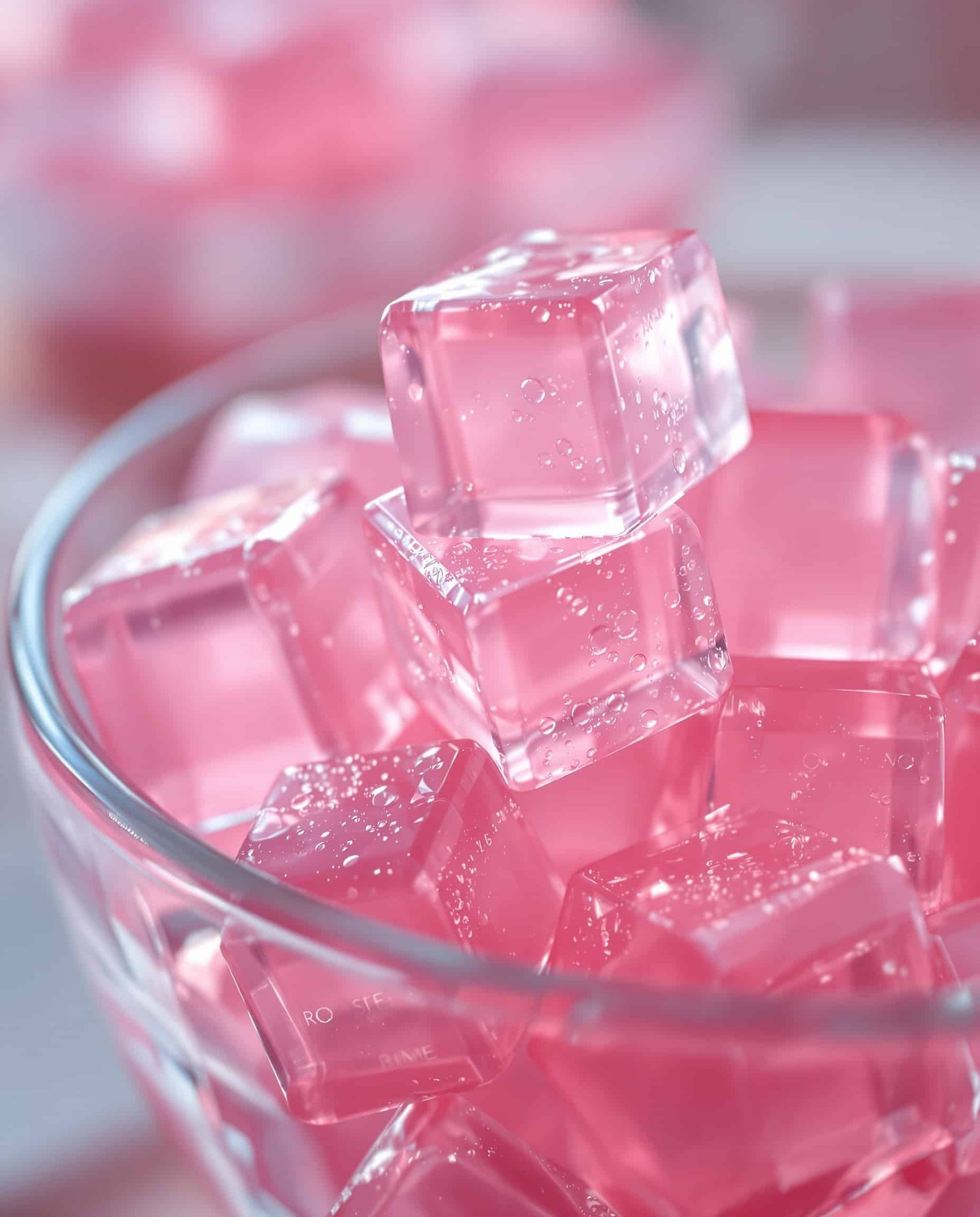 Close-up of rose transparent jiggly gelatin cubes for weight loss.