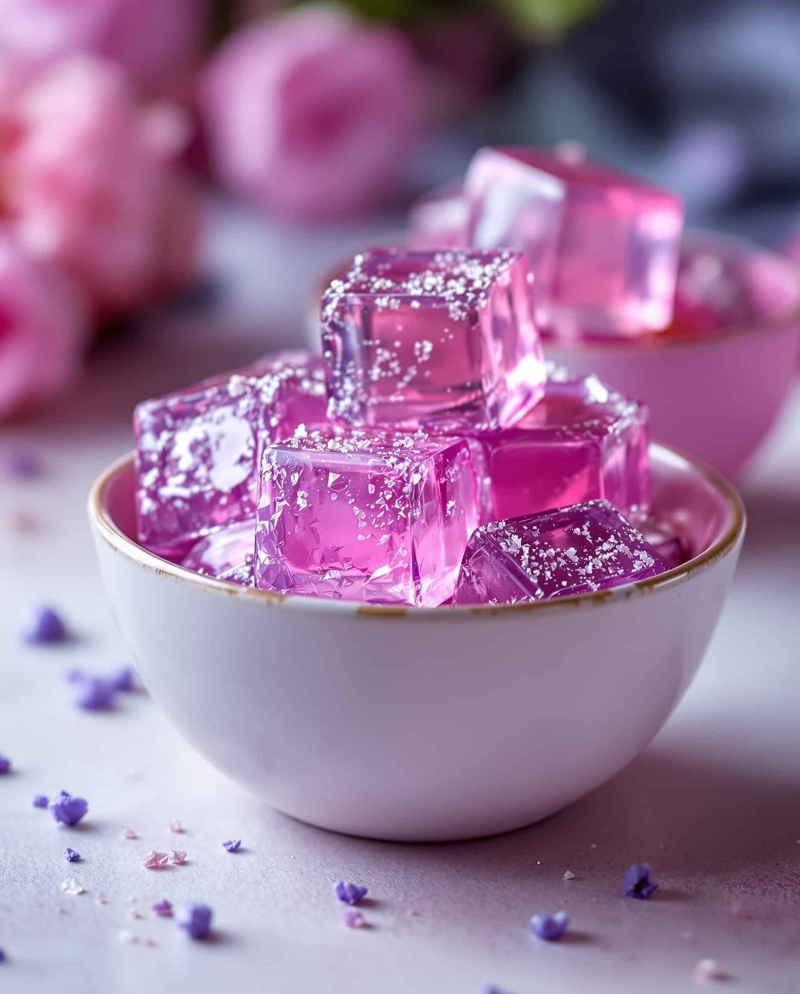 Close-up of violet-rose night setting gelatin cubes