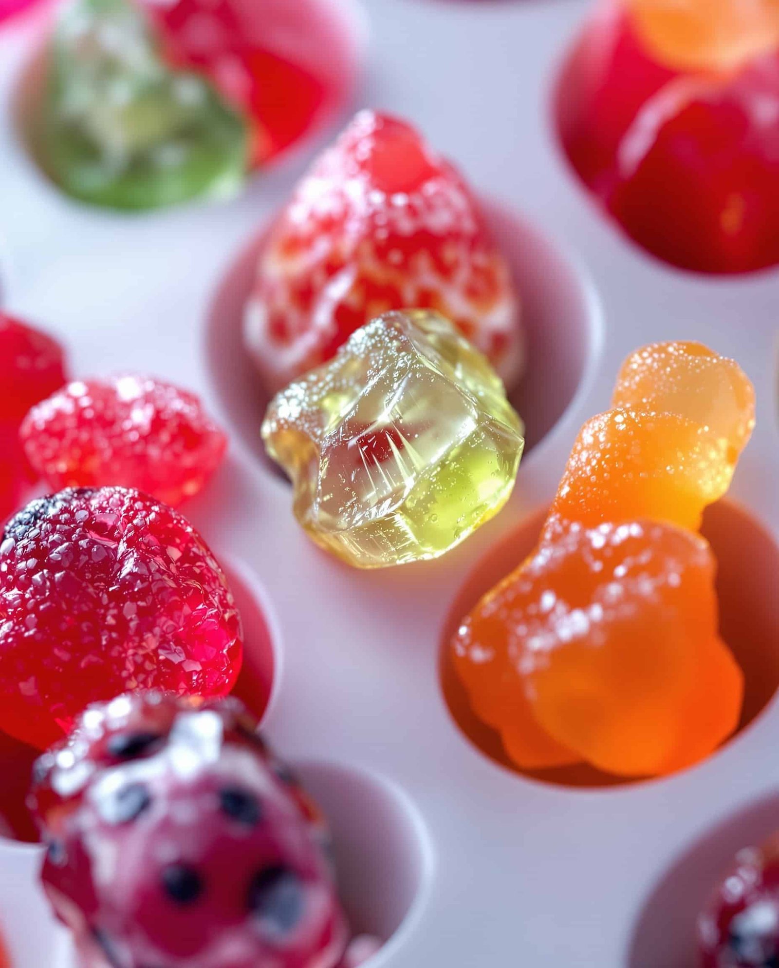 Close-up of multicolore gut healing gelatin gummies texture.