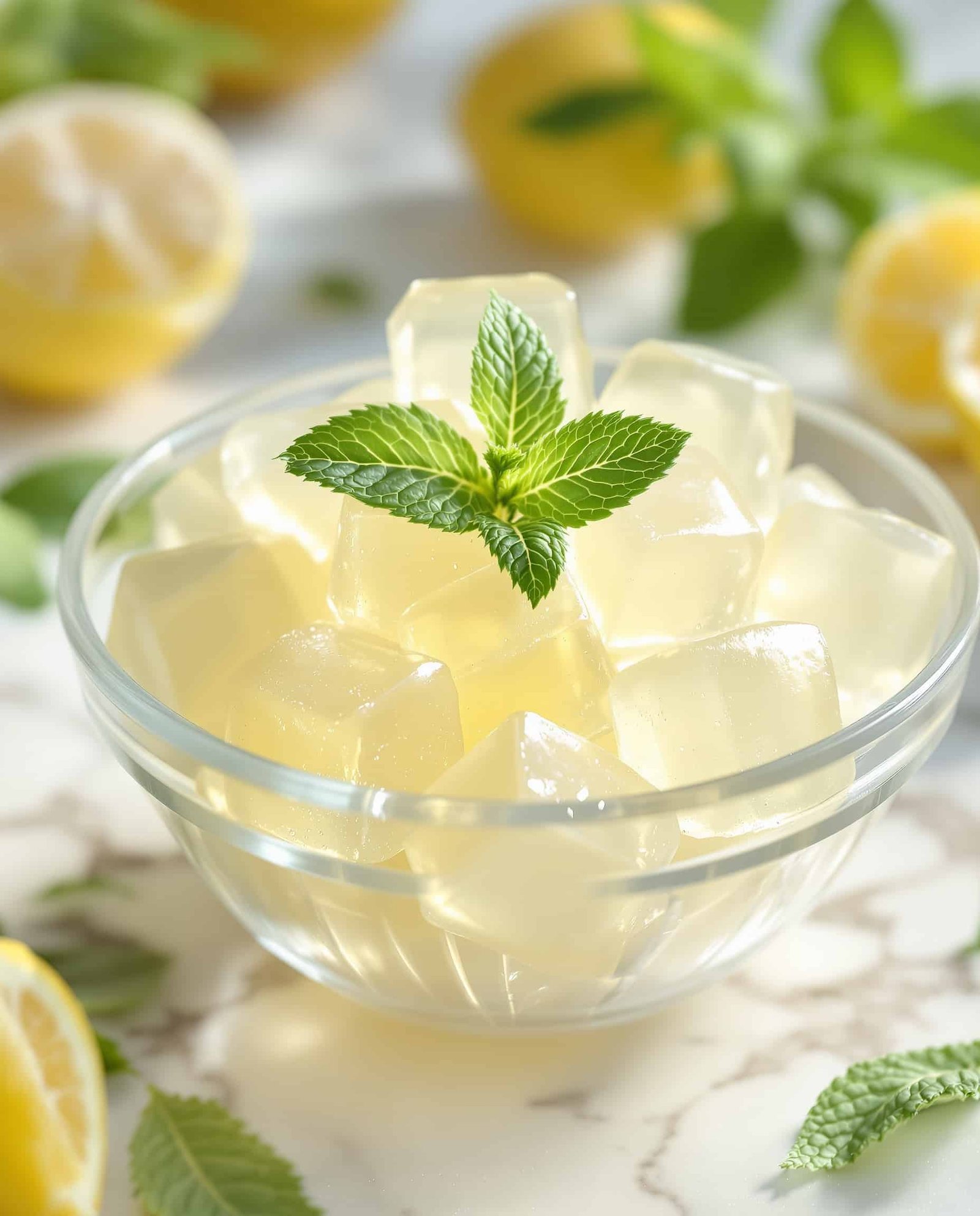 Close-up of translucent lemon gelatin ice cubes with mint, healthy snack.