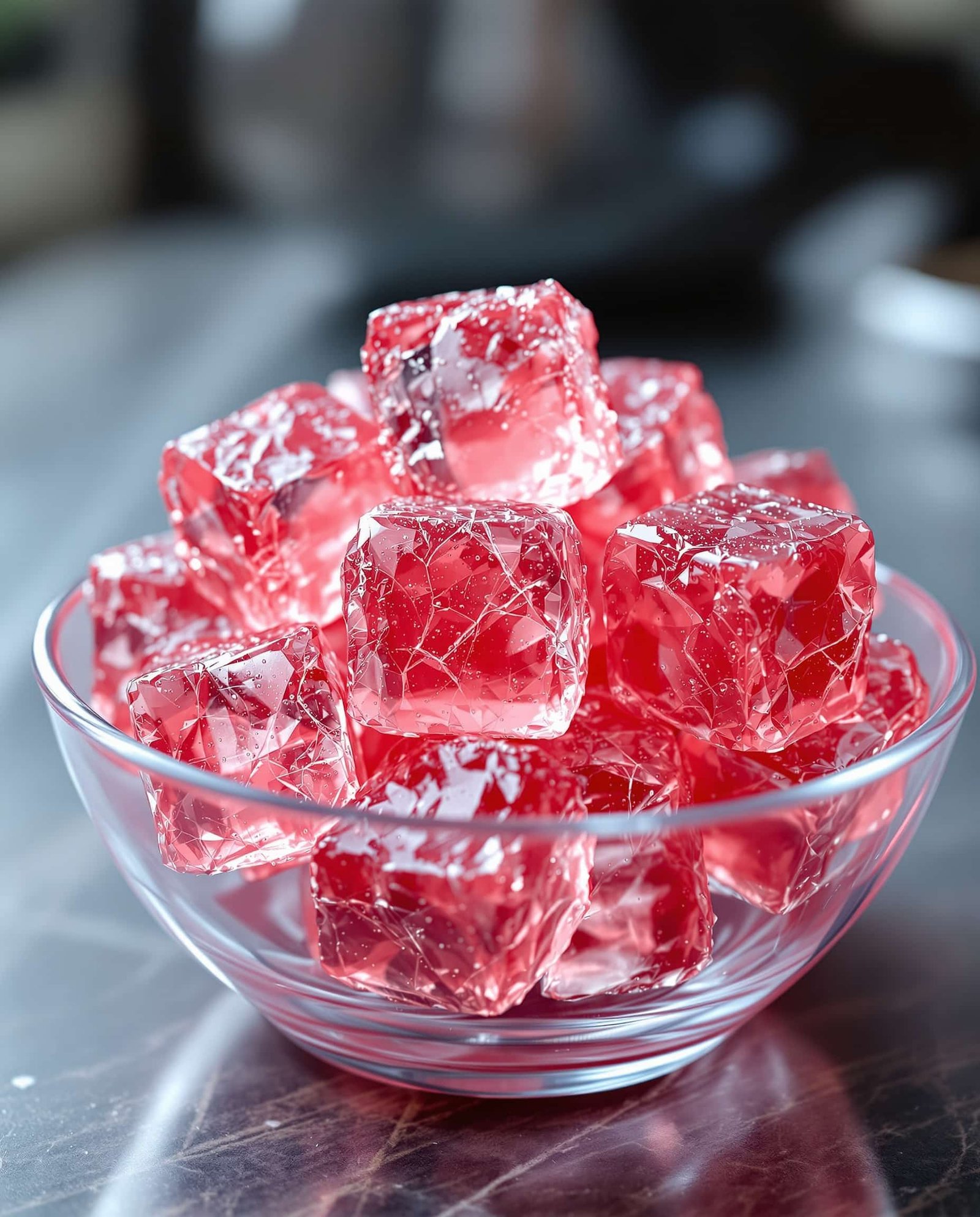 Close-up of rose transparent jiggly cubes (Jillian Michaels gelatin gummies)