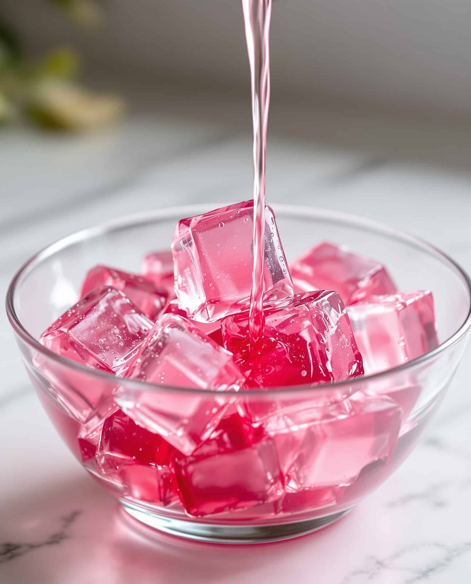 Close-up of rose transparent jiggly cubes from Jillian Michaels gelatin trick recipe.