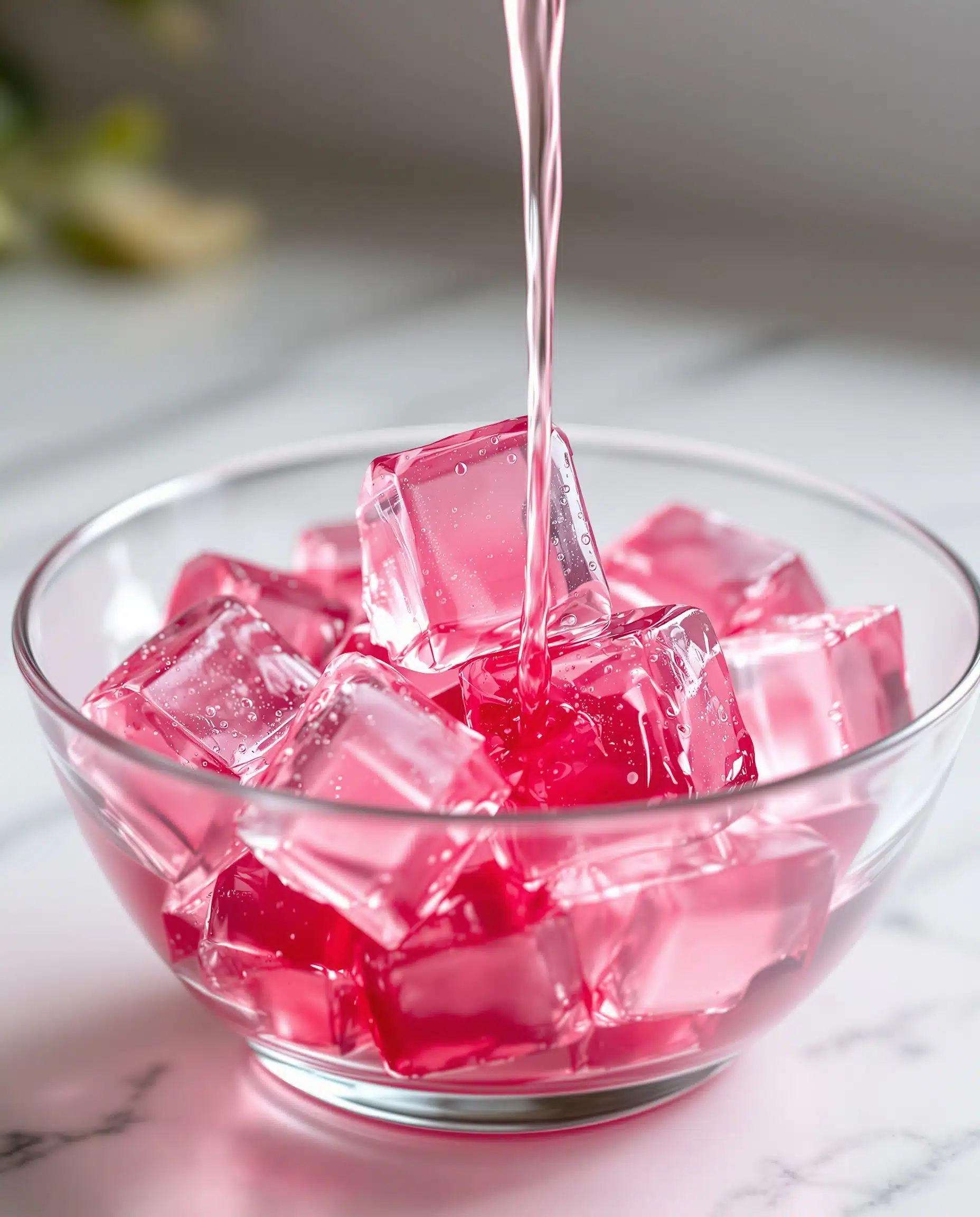 Close-up of rose transparent jiggly cubes from Jillian Michaels gelatin trick recipe.