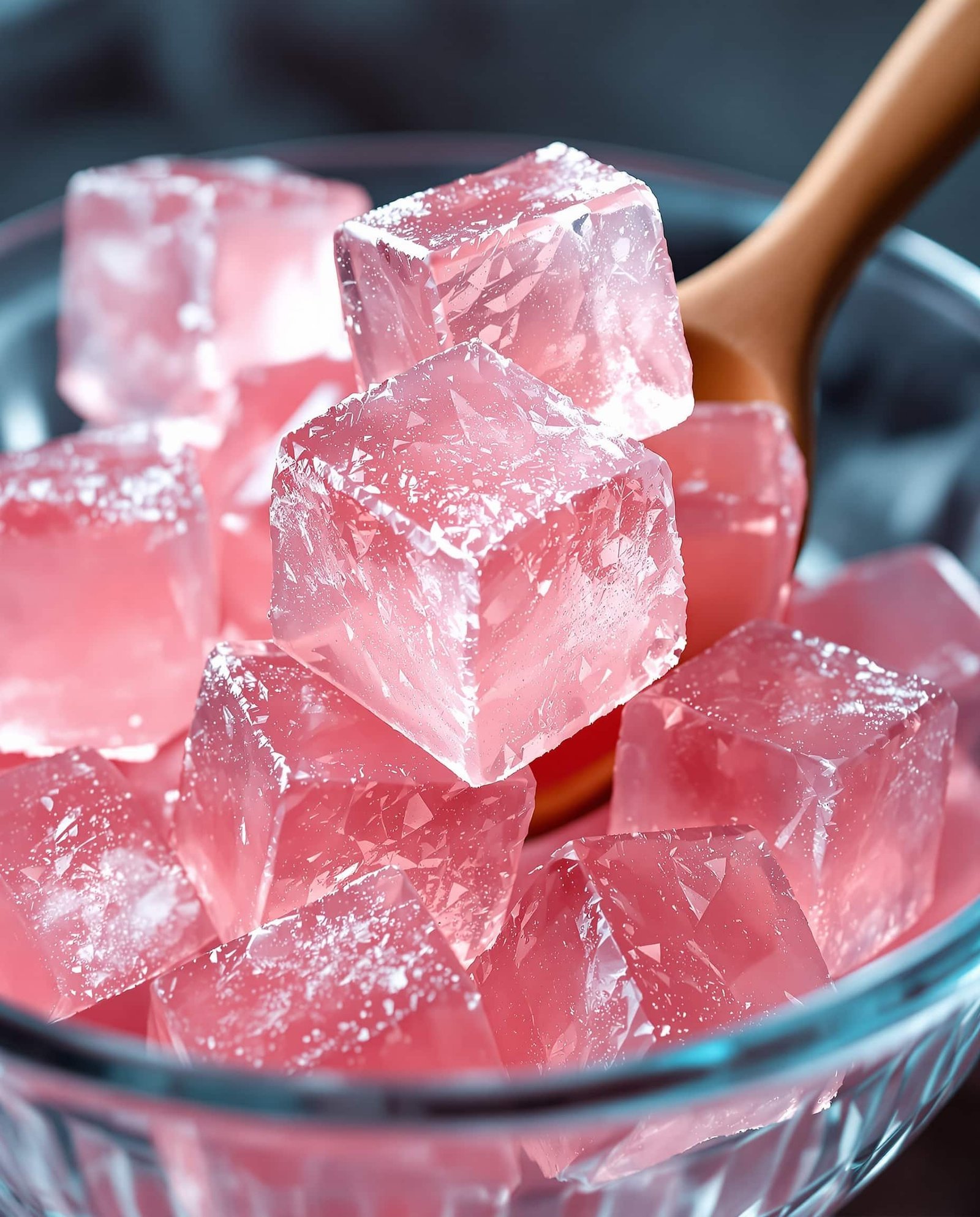 Close-up of rose transparent jiggly gelatin cubes, Jillian Michaels weight loss.