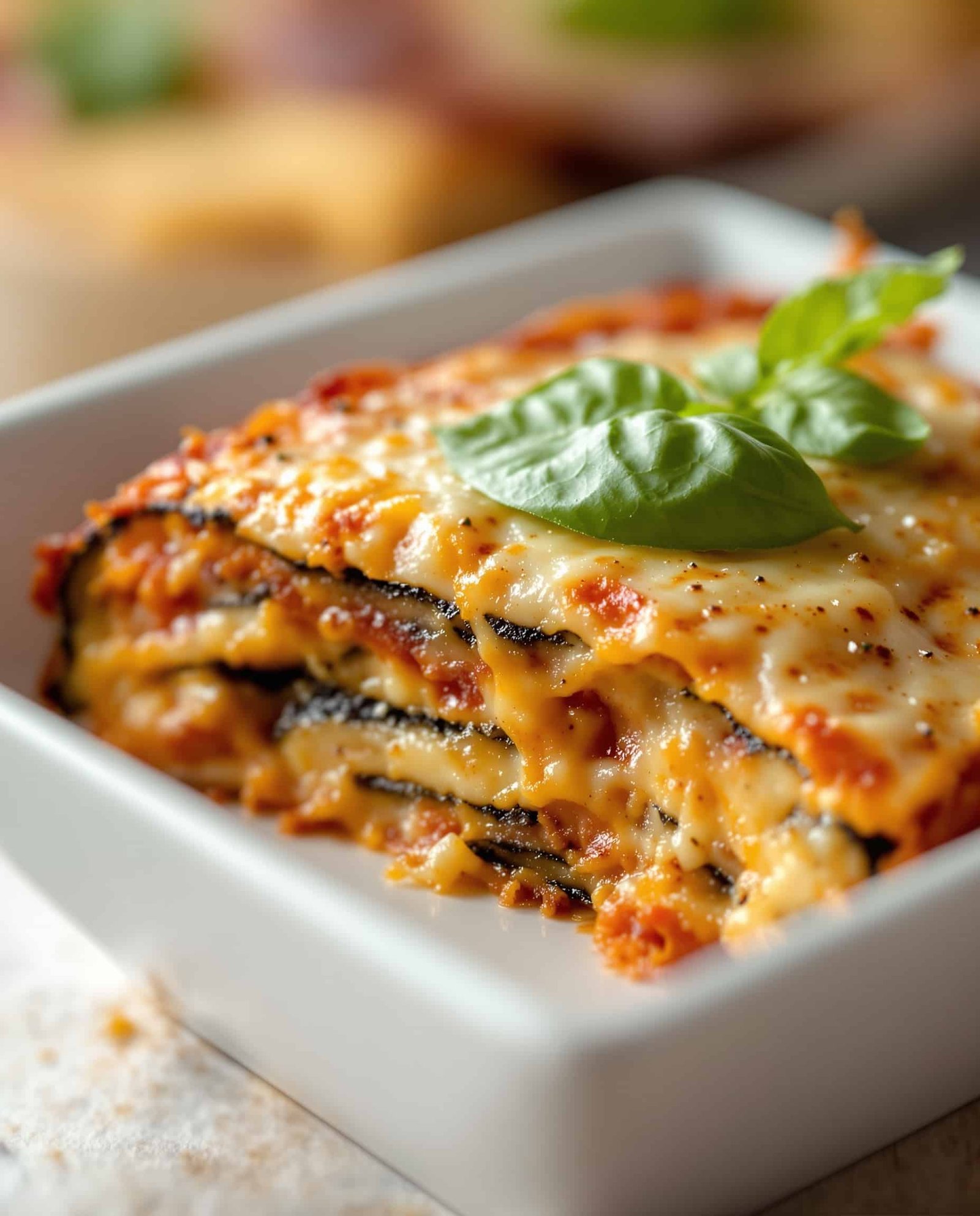 Close-up of crispy, doré-rouge melted cheese on Eggplant Parmesan.