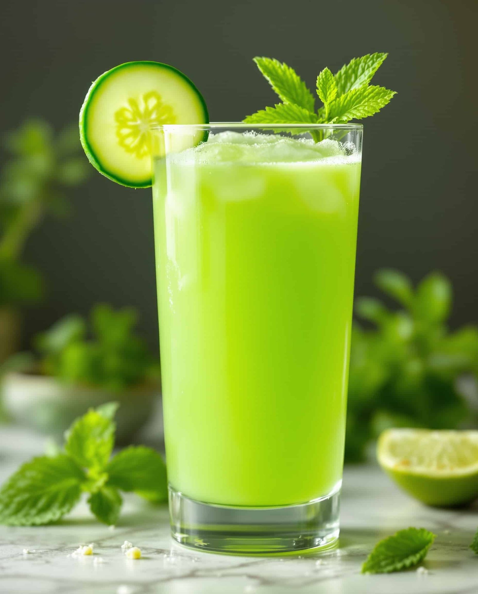 Close-up of refreshing light green lymphatic drainage juice with cucumber and herbs.