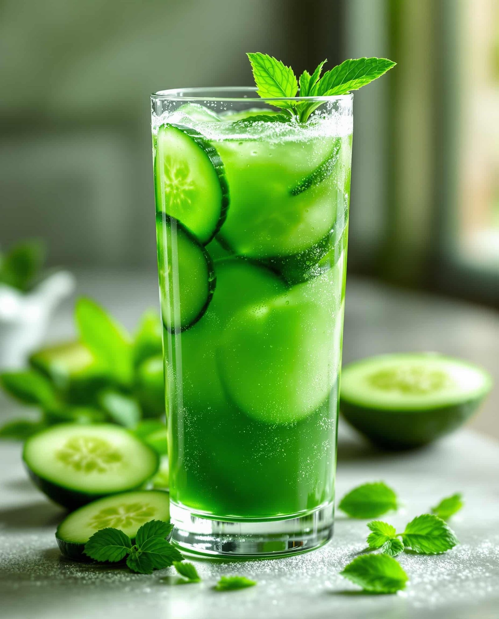 Close-up of refreshing vert clair transparent lymphatic drainage juice.